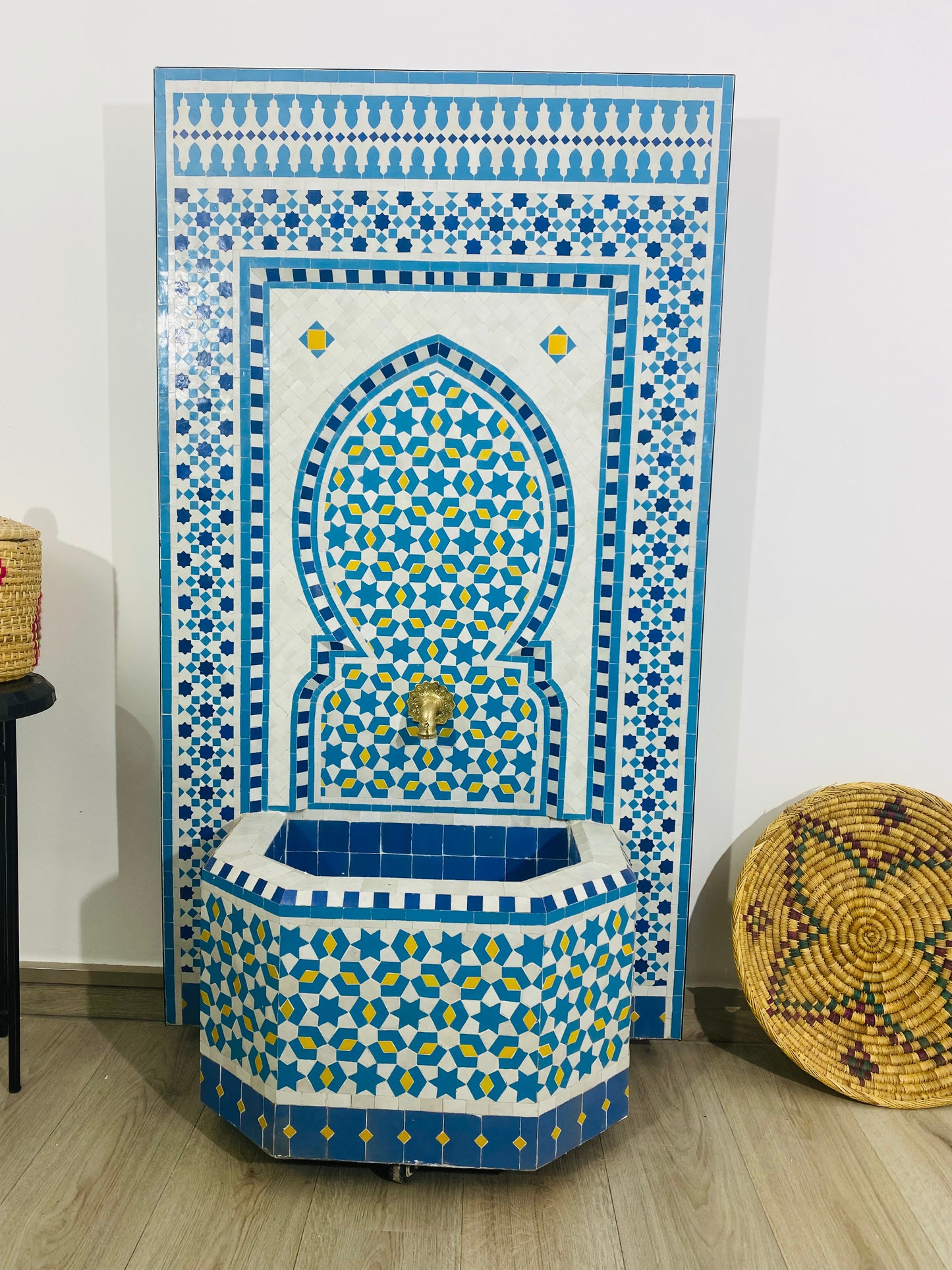 Royal Moroccan Zellige Fountain – Sky Blue & Gold Accents