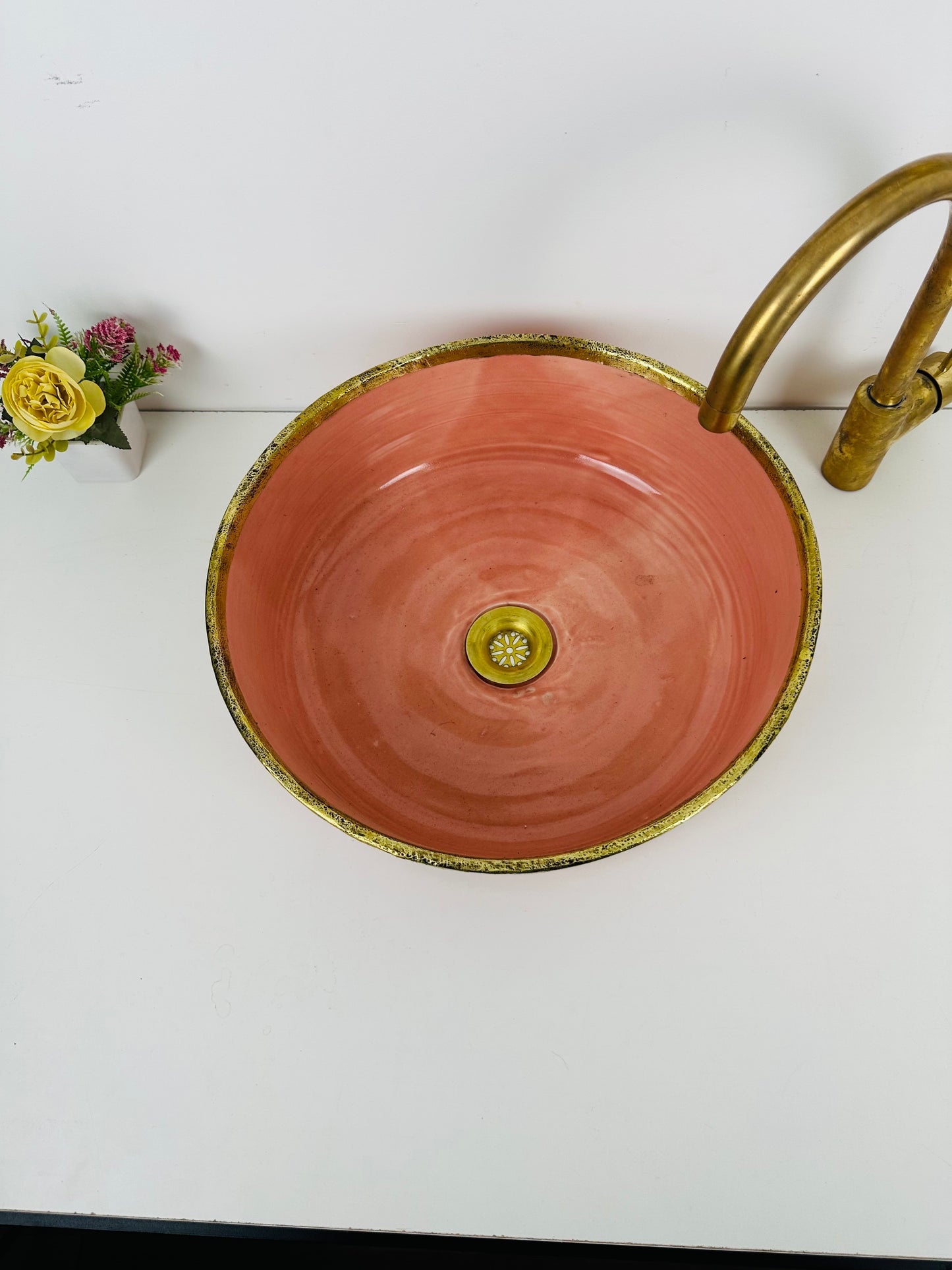 light orange vessel 100% handmade/hand painted - brass rimmed basin
