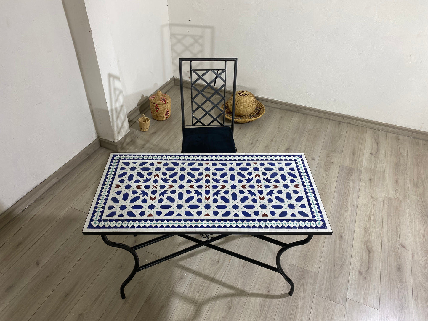 Handmade Moroccan Zellige Mosaic Table – Blue & White Geometric Elegance