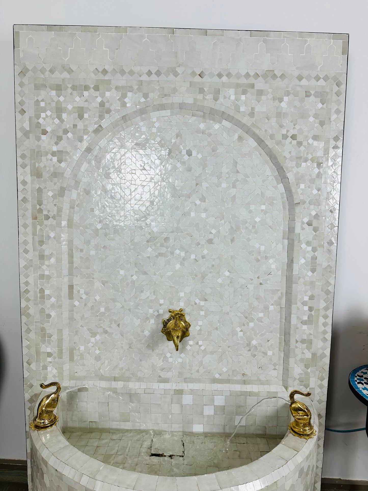Majestic White Moroccan Fountain with Triple Brass Faucets
