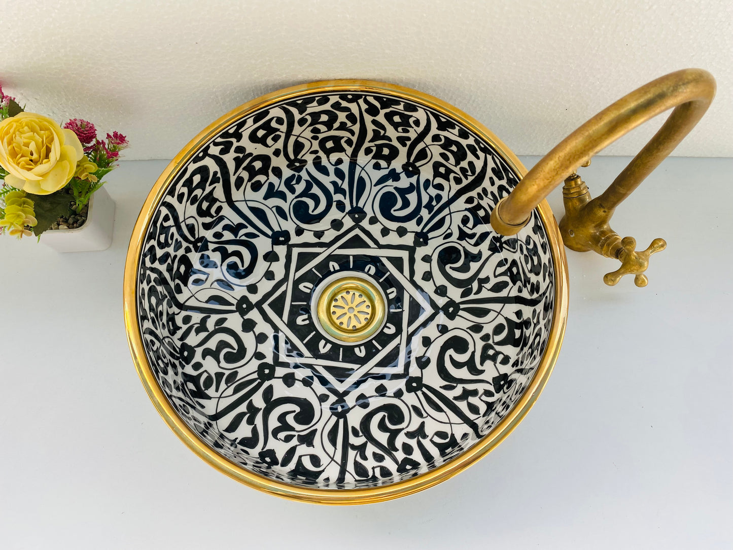 Black & White Moroccan Ceramic Sink with Brass Rim