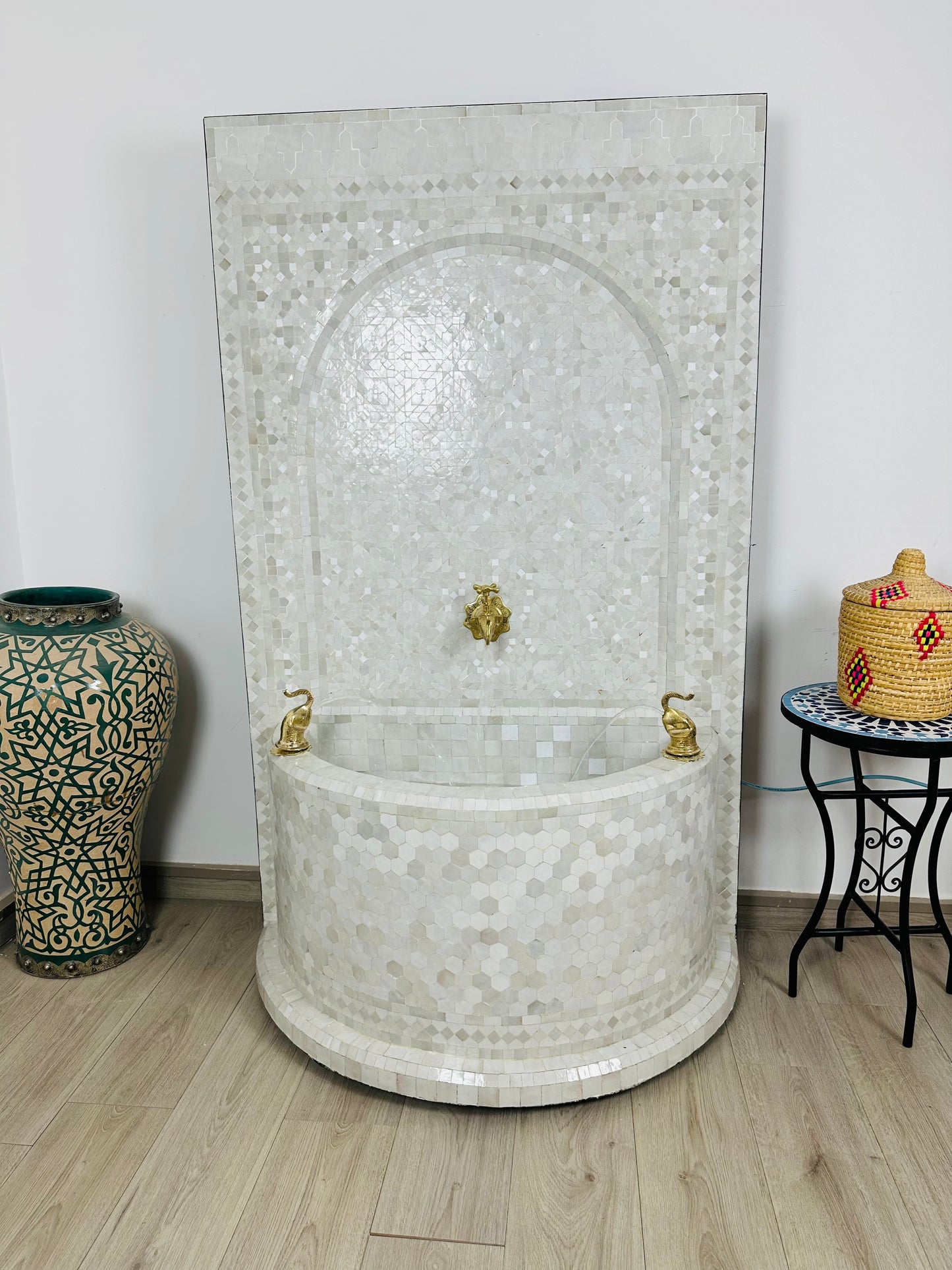 Majestic White Moroccan Fountain with Triple Brass Faucets