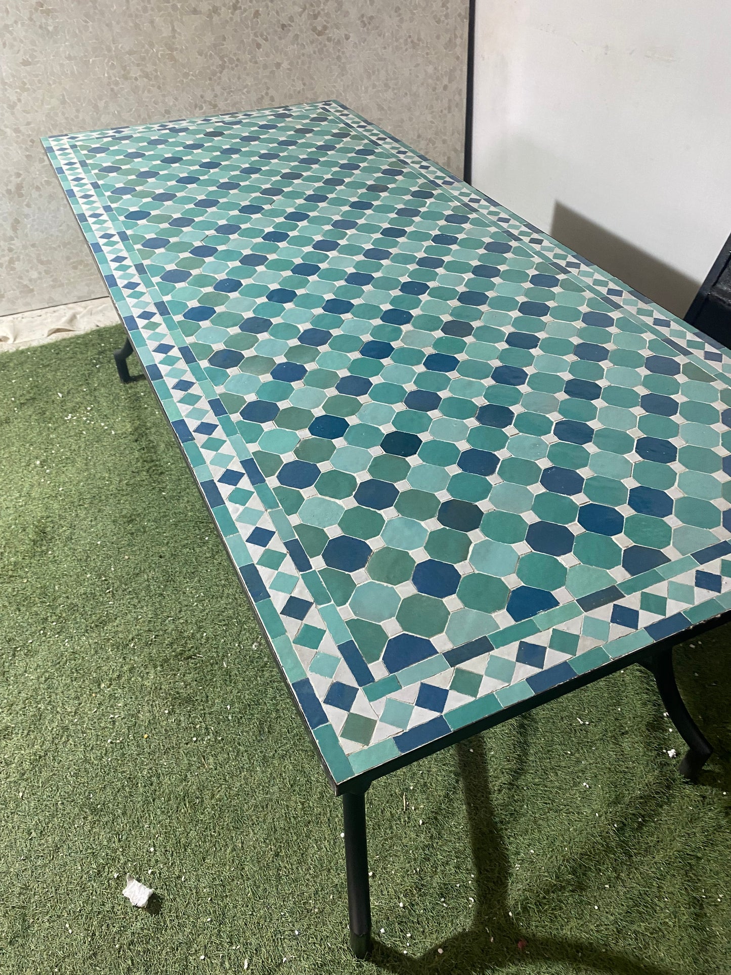 Handcrafted Moroccan Zellige Mosaic Table – Blue & Green Geometric Pattern