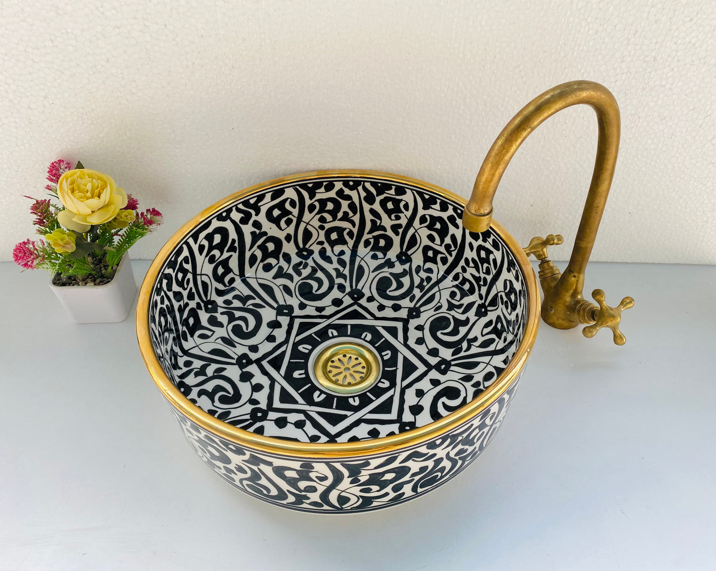 Black & White Moroccan Ceramic Sink with Brass Rim