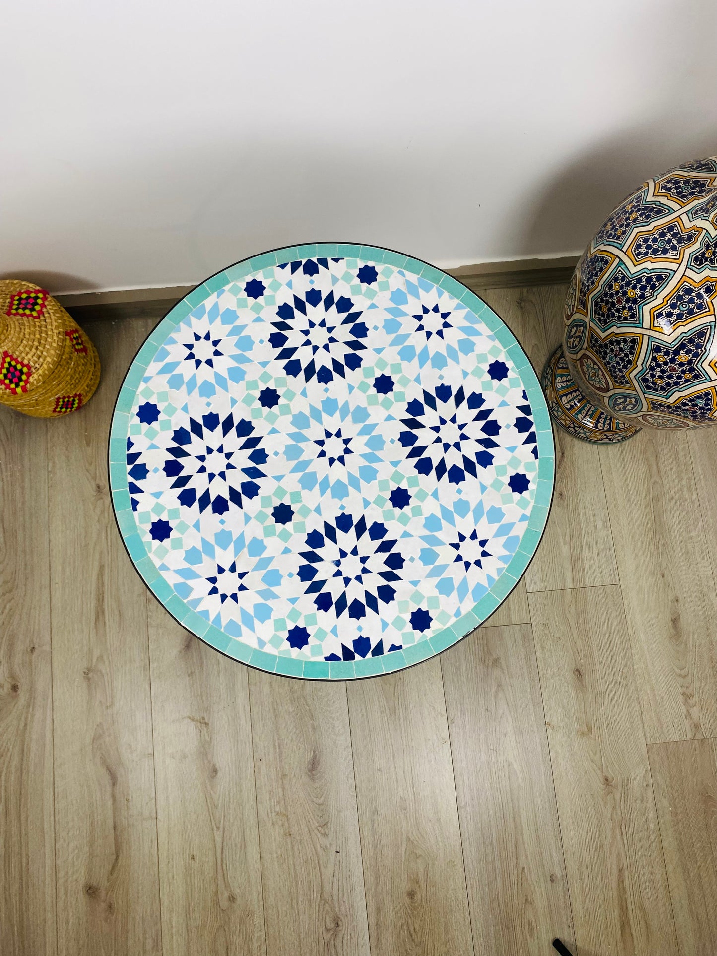 Handmade Moroccan Zellige Mosaic Table – Tranquil Blue Elegance