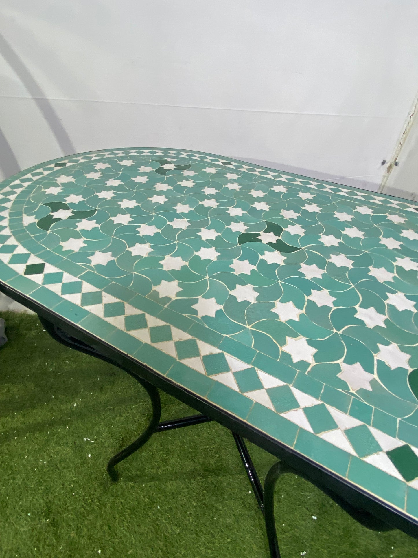 Handmade Moroccan Zellige Mosaic Table – Soft Green Starry Elegance