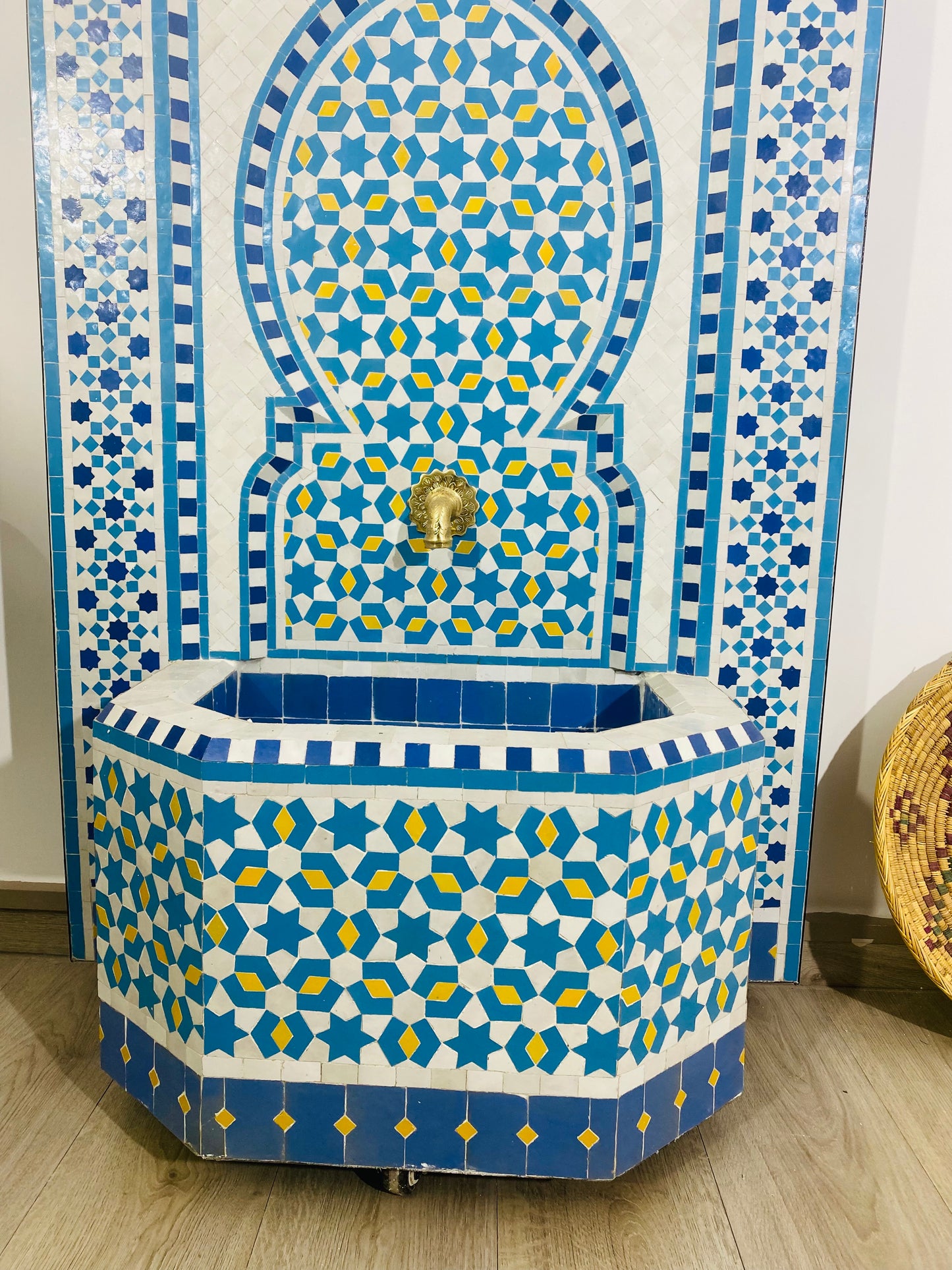 Royal Moroccan Zellige Fountain – Sky Blue & Gold Accents
