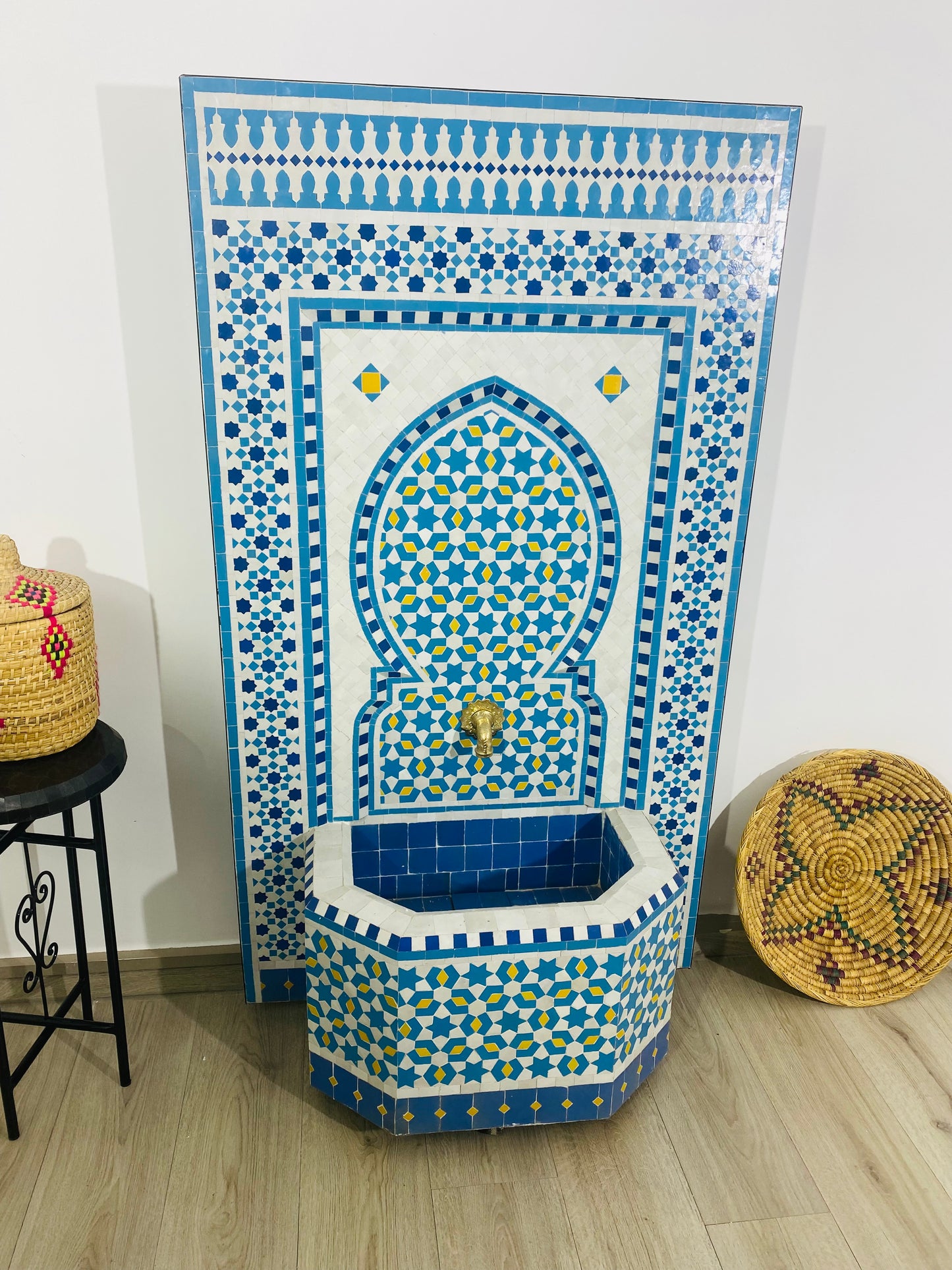 Royal Moroccan Zellige Fountain – Sky Blue & Gold Accents