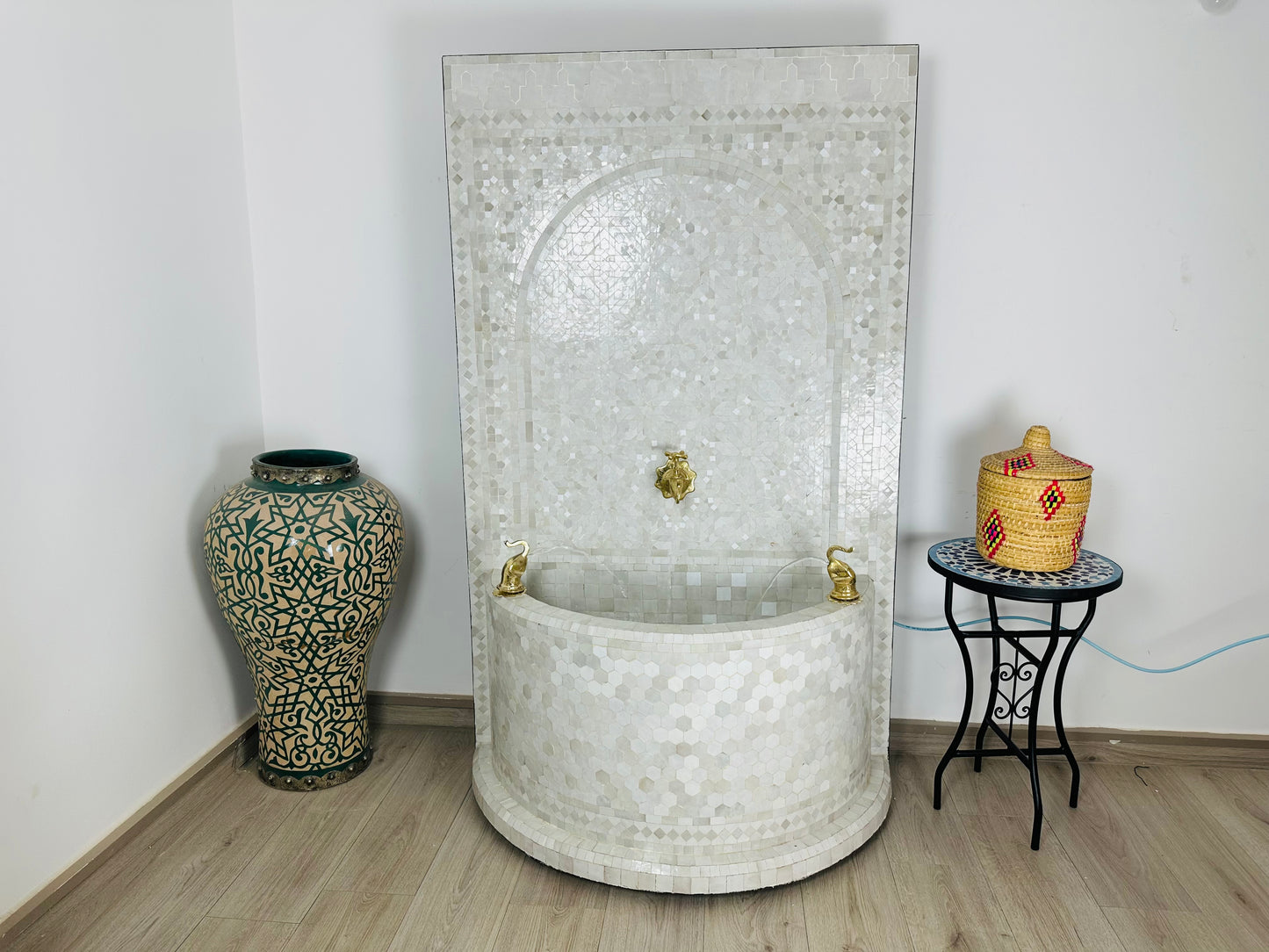 Majestic White Moroccan Fountain with Triple Brass Faucets