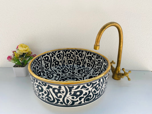Black & White Moroccan Ceramic Sink with Brass Rim