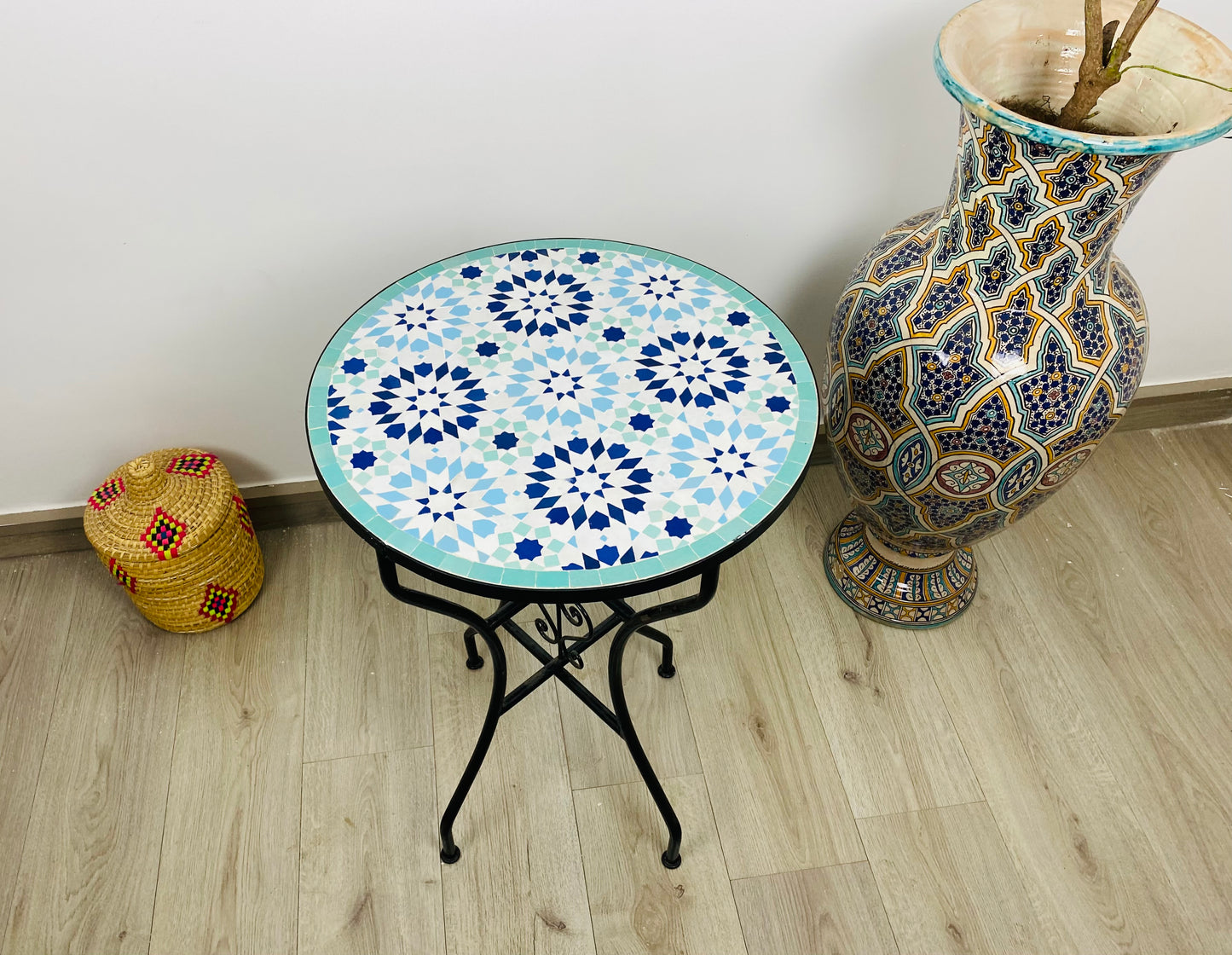 Handmade Moroccan Zellige Mosaic Table – Tranquil Blue Elegance