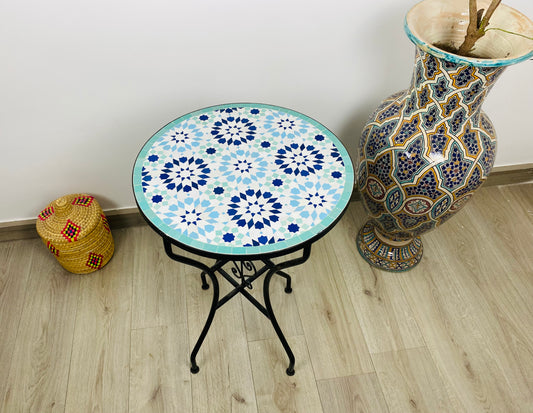 Handmade Moroccan Zellige Mosaic Table – Tranquil Blue Elegance