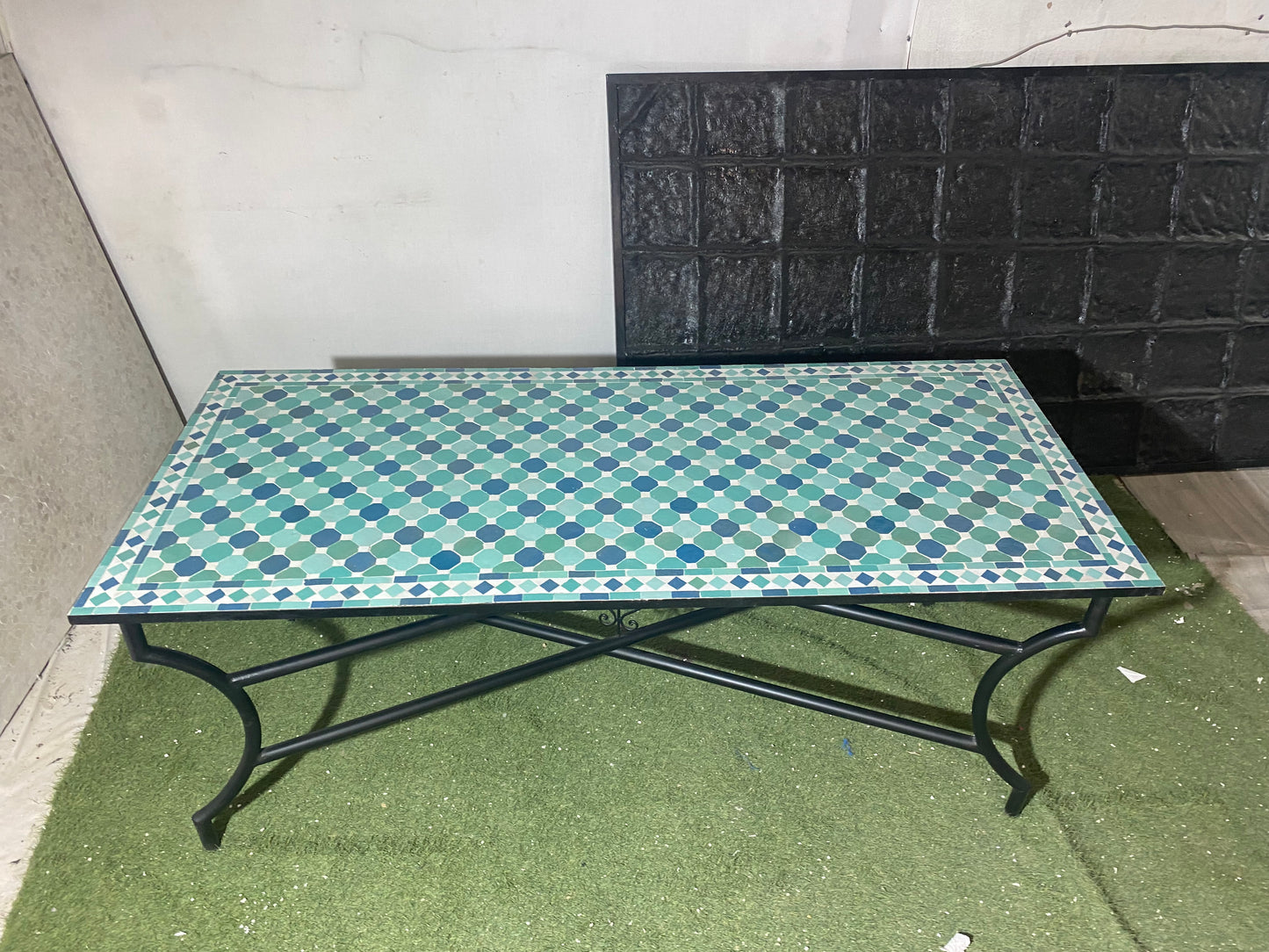 Handcrafted Moroccan Zellige Mosaic Table – Blue & Green Geometric Pattern