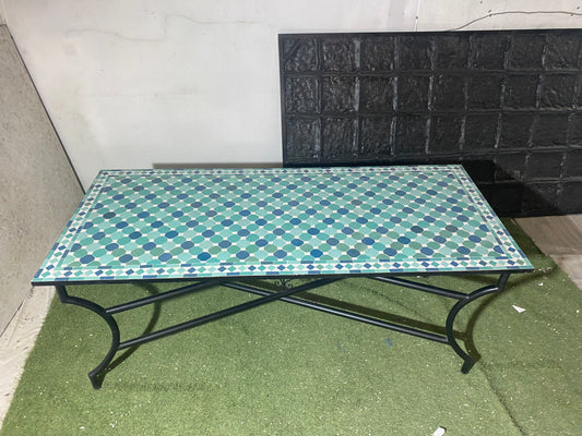 Handcrafted Moroccan Zellige Mosaic Table – Blue & Green Geometric Pattern