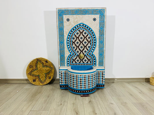 Elegant Moroccan Zellige Fountain – Sky Blue & Earthy Brown Mosaic