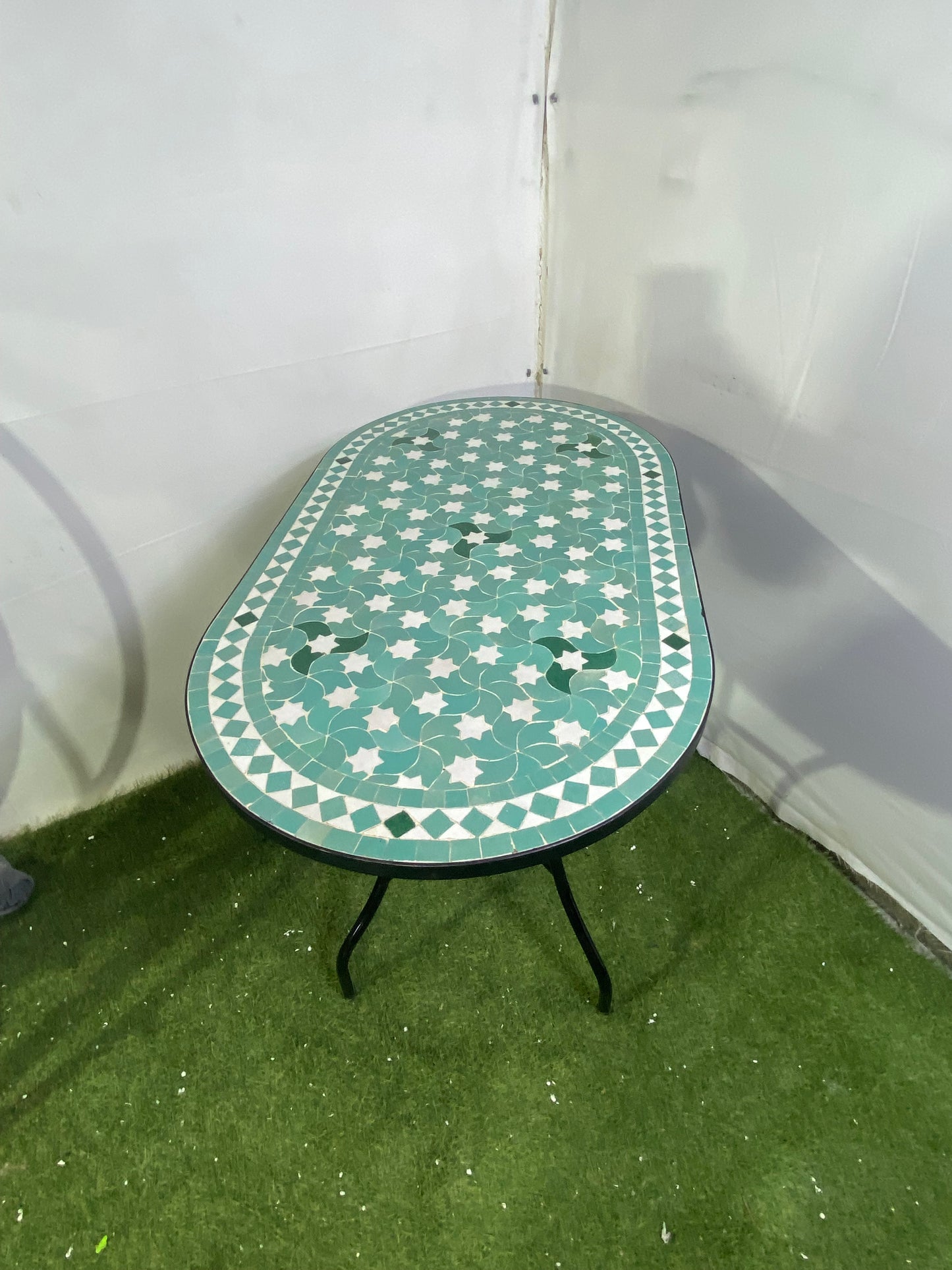 Handmade Moroccan Zellige Mosaic Table – Soft Green Starry Elegance