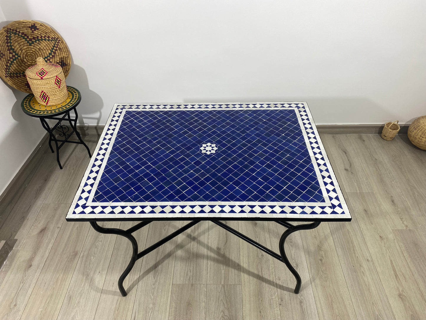 Handmade Moroccan Zellige Mosaic Table – Classic Blue & White Design