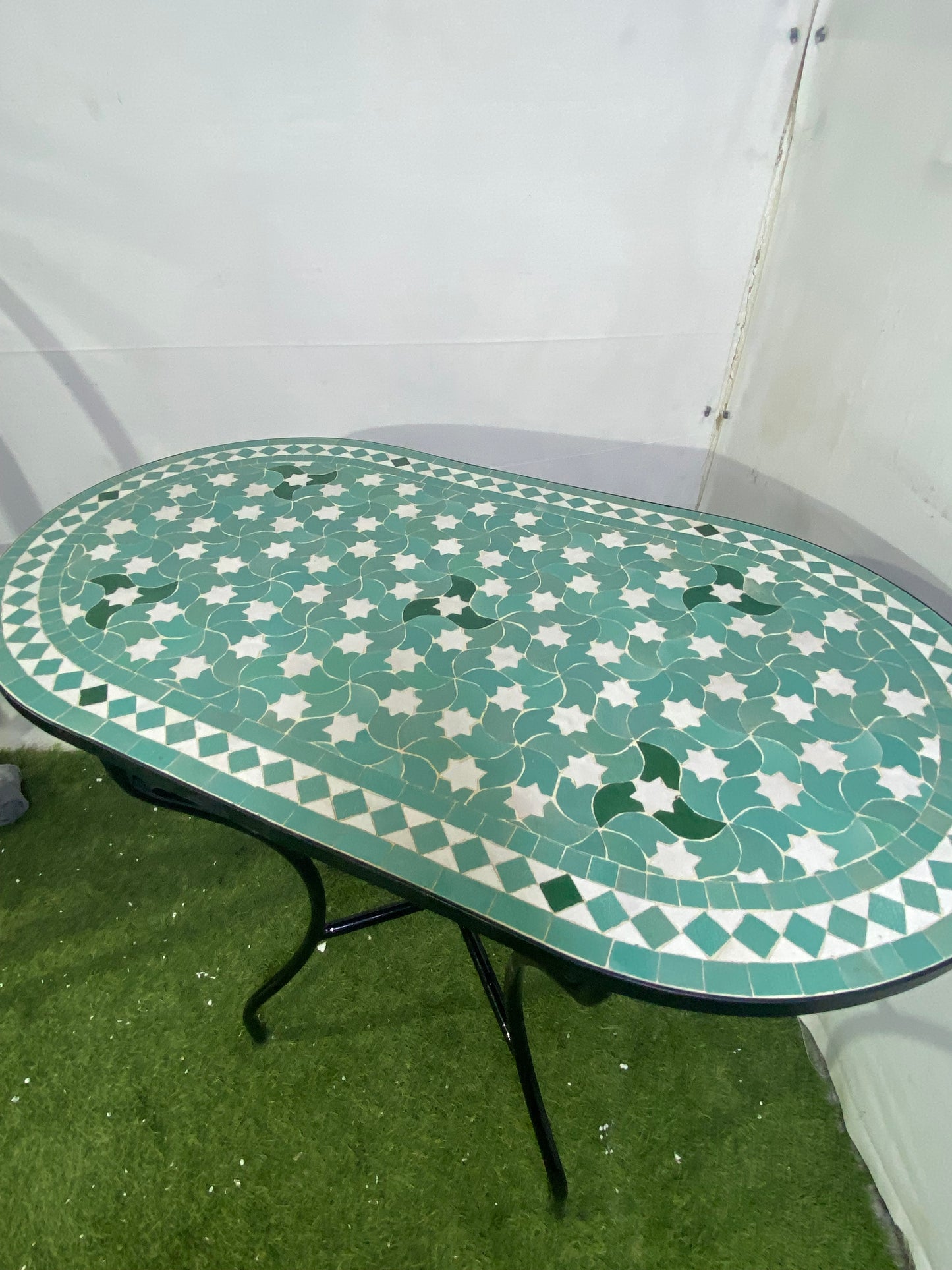 Handmade Moroccan Zellige Mosaic Table – Soft Green Starry Elegance