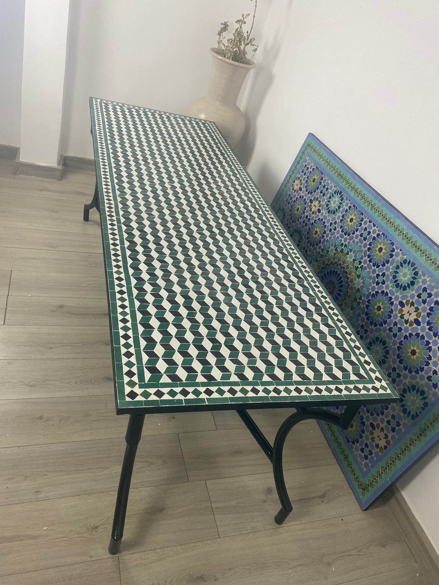 Handmade Moroccan Zellige Mosaic Table – Timeless Elegance in Green & White