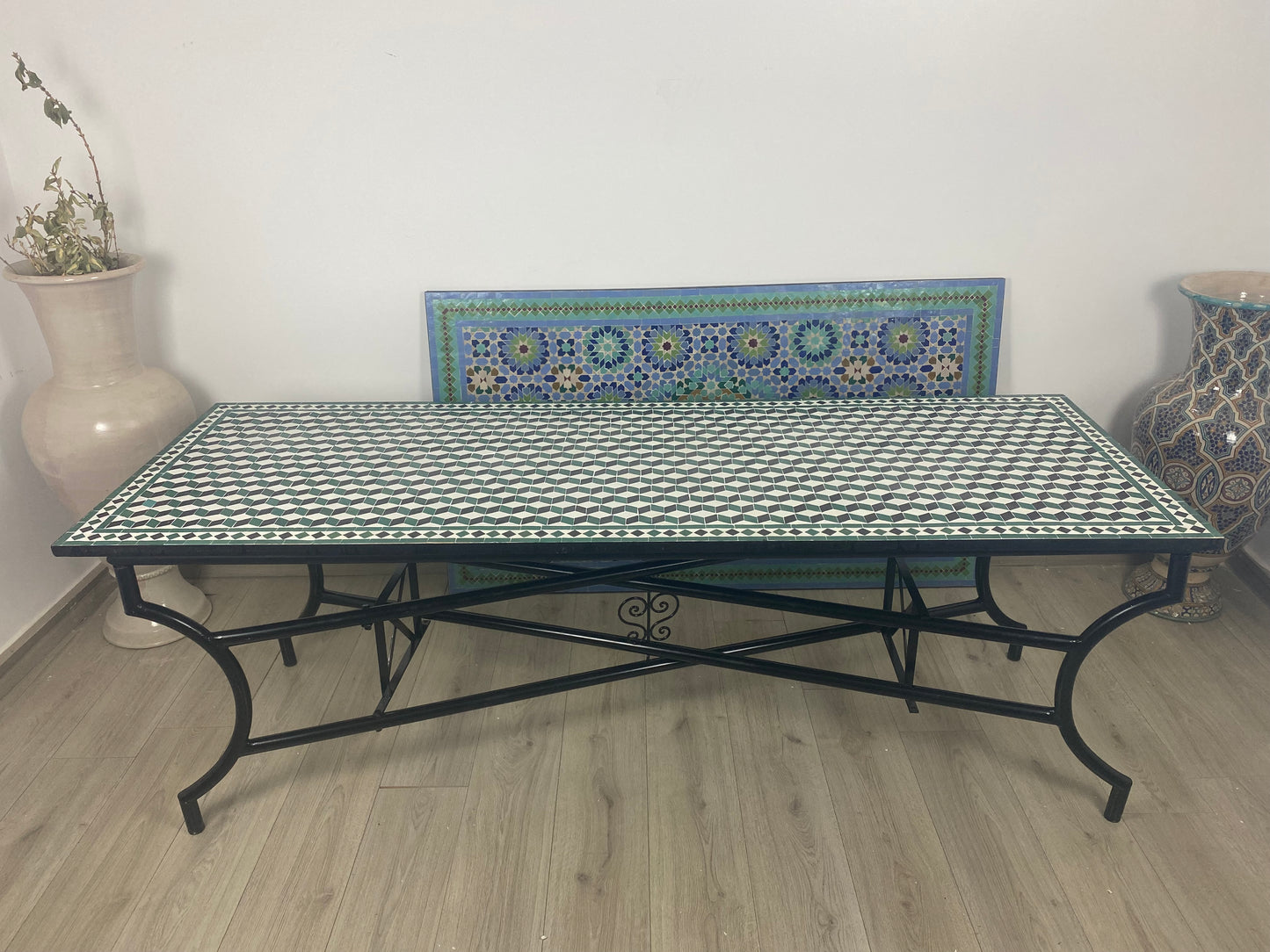 Handmade Moroccan Zellige Mosaic Table – Timeless Elegance in Green & White