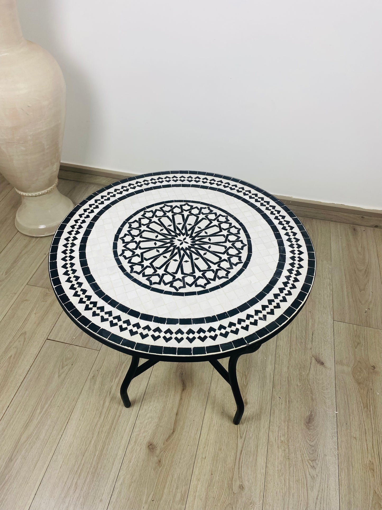 Handmade Moroccan Zellige Mosaic Table – Black & White Elegance