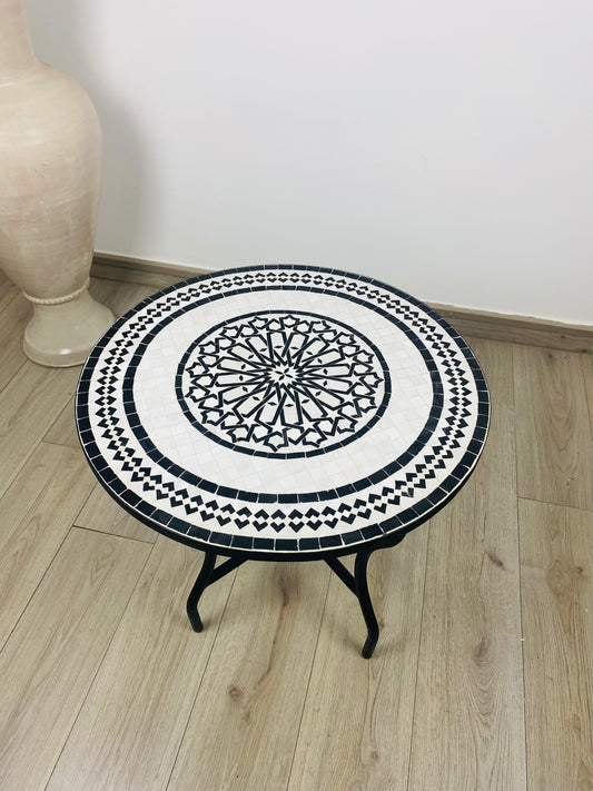 Handmade Moroccan Zellige Mosaic Table – Black & White Elegance