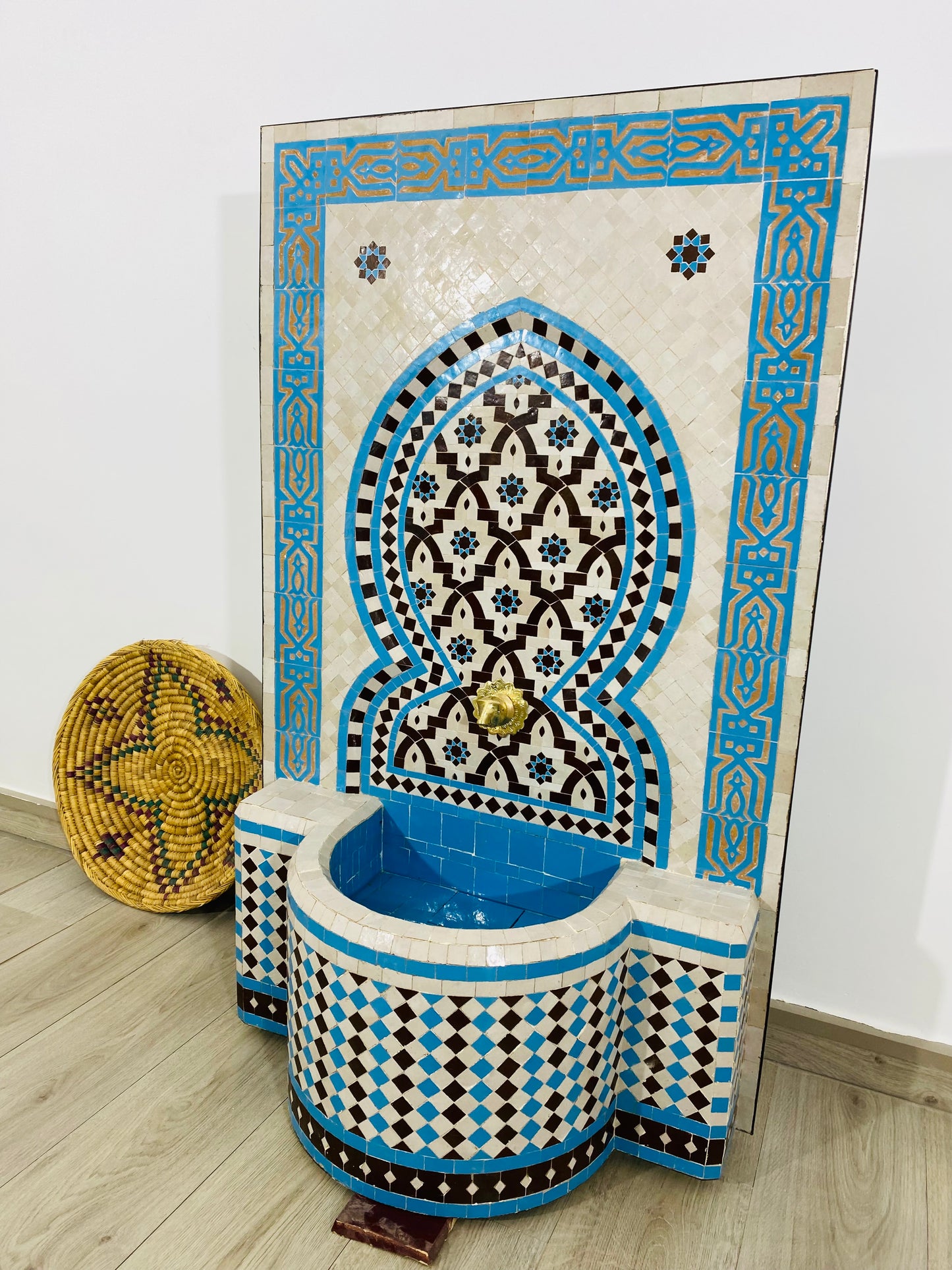 Elegant Moroccan Zellige Fountain – Sky Blue & Earthy Brown Mosaic