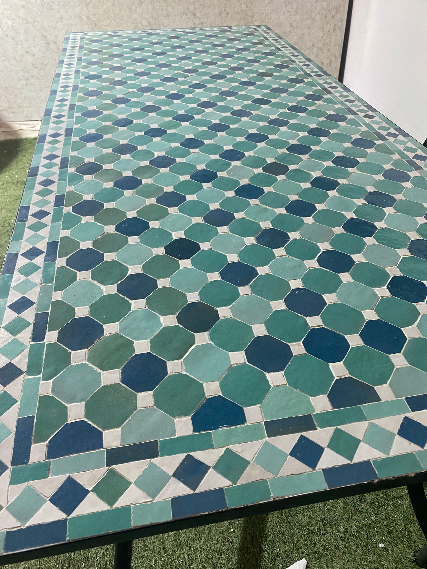 Handcrafted Moroccan Zellige Mosaic Table – Blue & Green Geometric Pattern