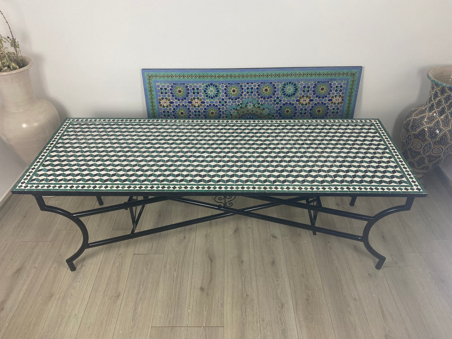 Handmade Moroccan Zellige Mosaic Table – Timeless Elegance in Green & White