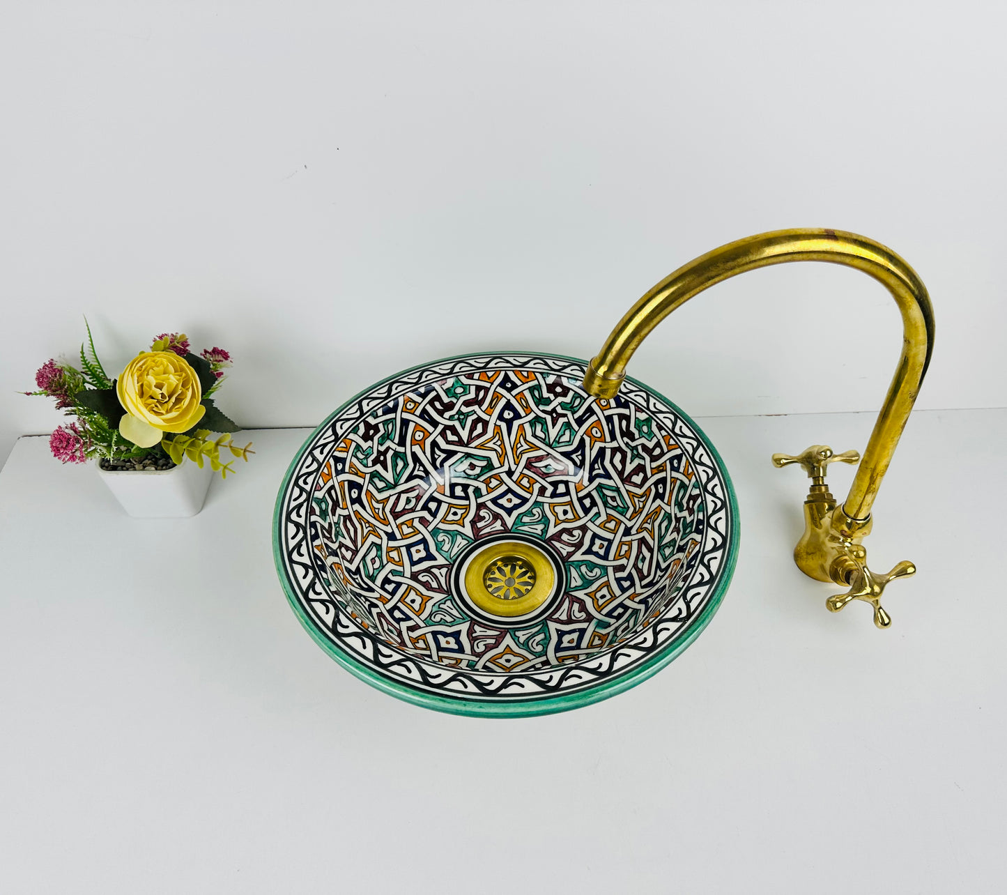 Nature's Palette: Handcrafted Ceramic Sink with Green and Multicolored Accents