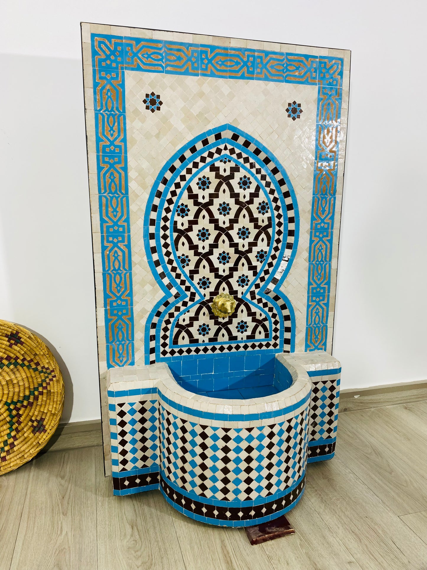 Elegant Moroccan Zellige Fountain – Sky Blue & Earthy Brown Mosaic
