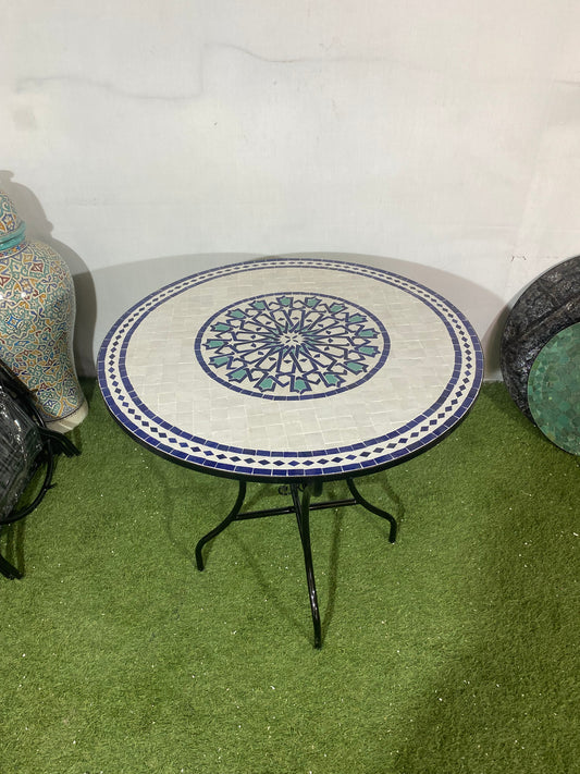 Handmade Moroccan Zellige Mosaic Table – Timeless White & Blue Elegance
