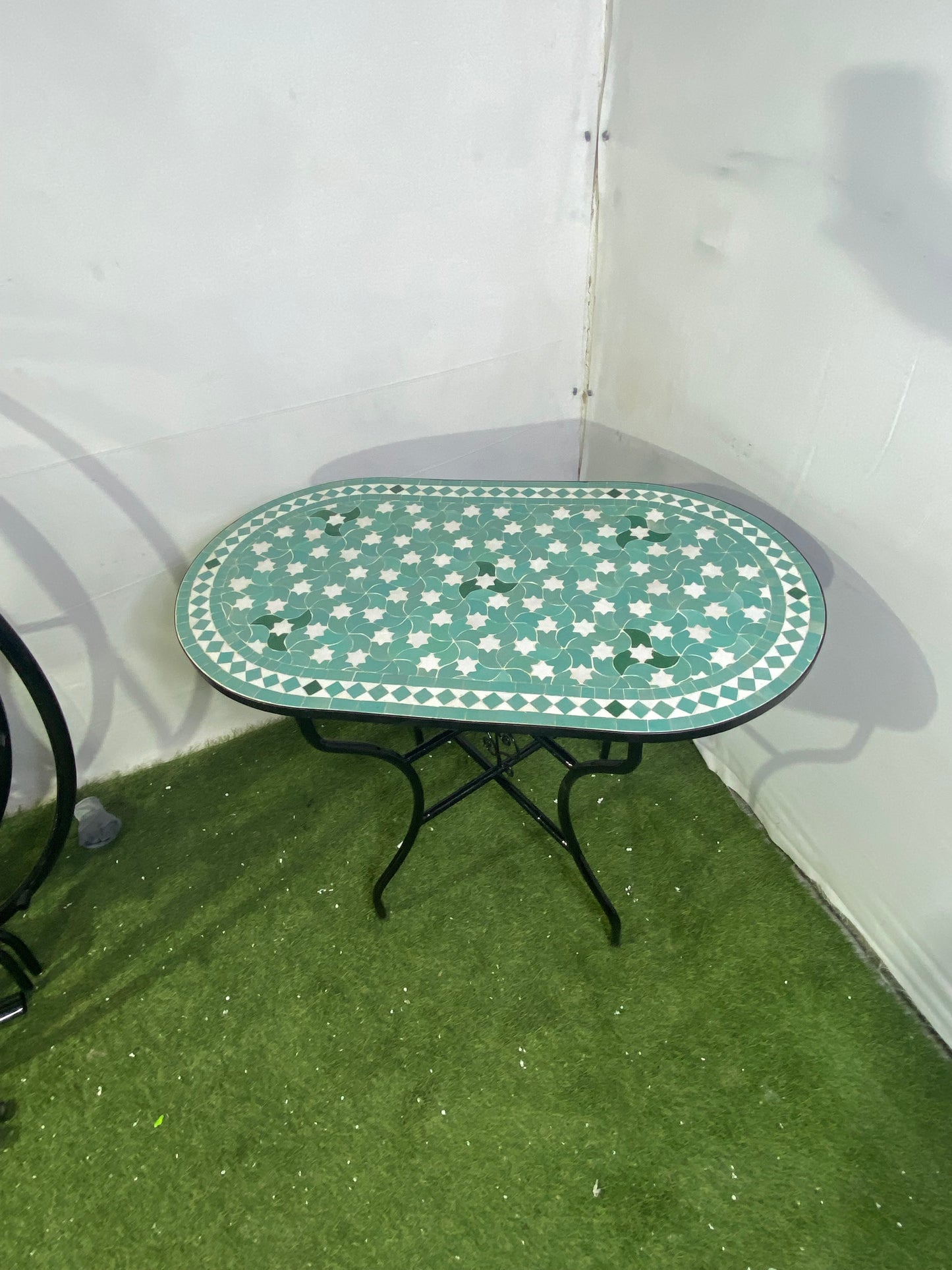 Handmade Moroccan Zellige Mosaic Table – Soft Green Starry Elegance