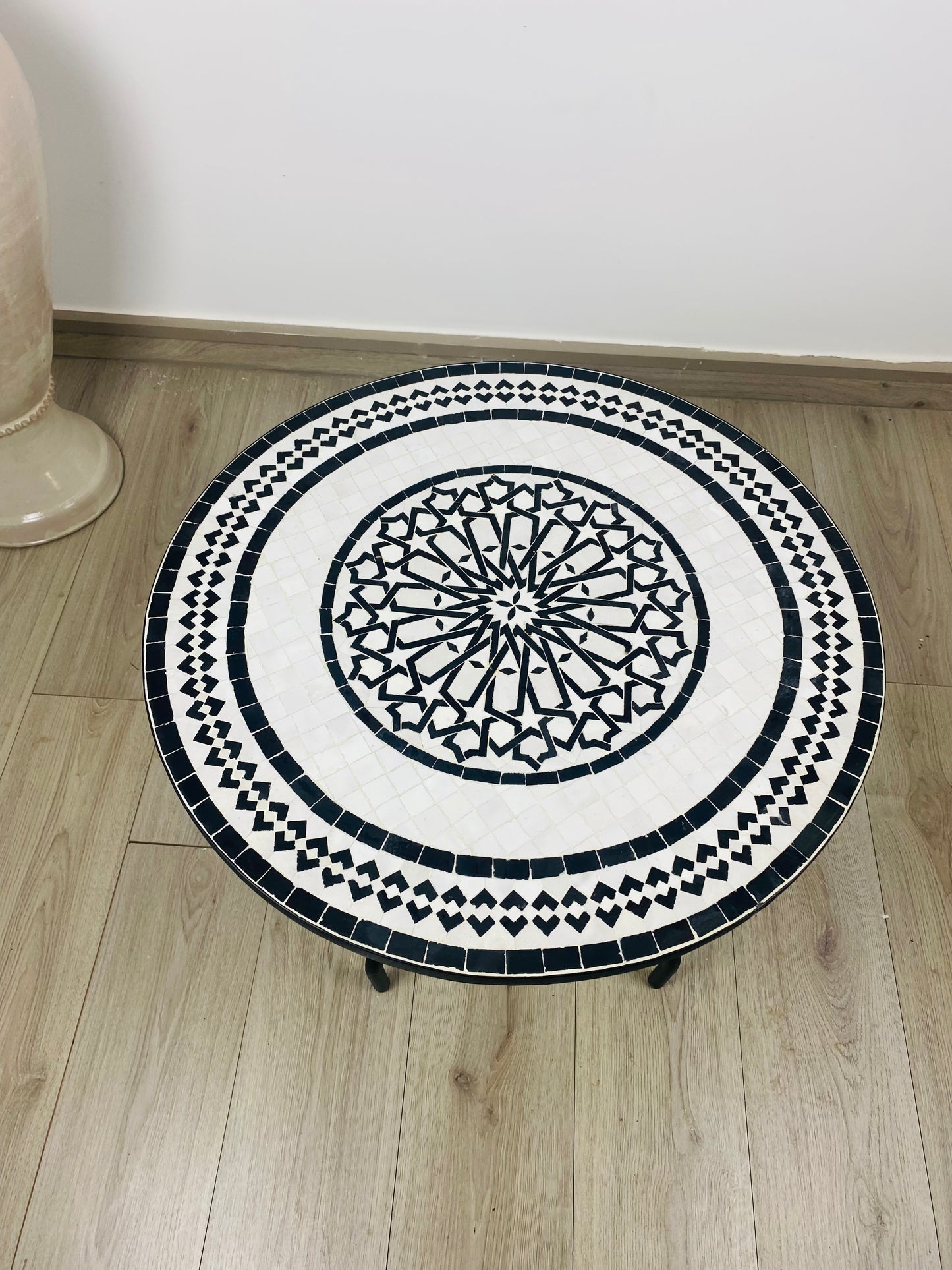 Handmade Moroccan Zellige Mosaic Table – Black & White Elegance