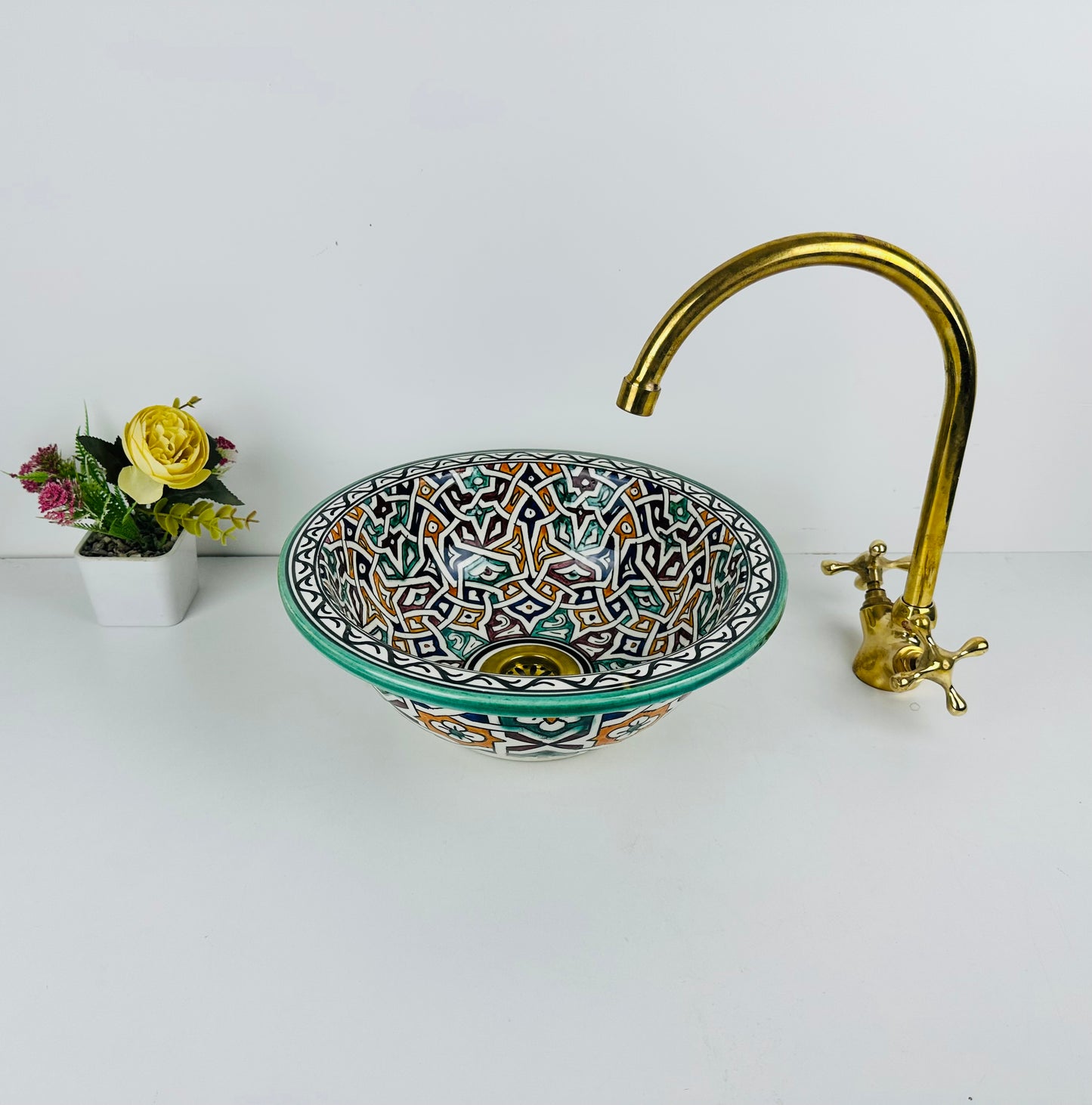 Nature's Palette: Handcrafted Ceramic Sink with Green and Multicolored Accents