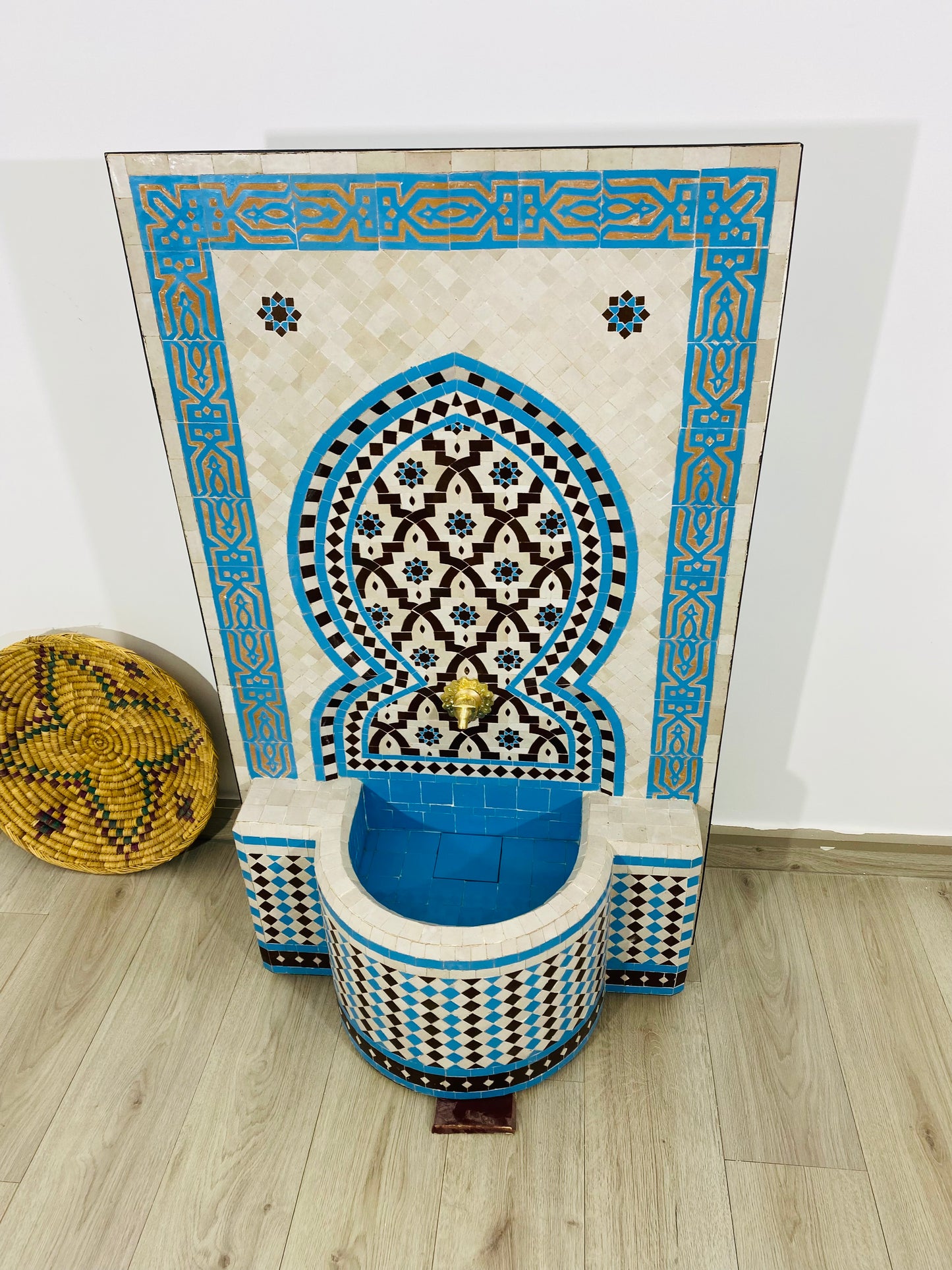 Elegant Moroccan Zellige Fountain – Sky Blue & Earthy Brown Mosaic