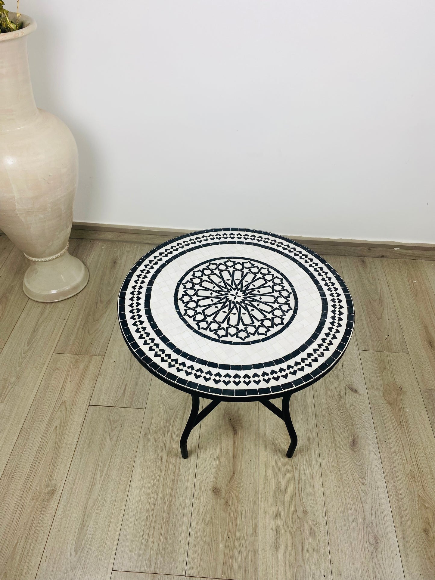 Handmade Moroccan Zellige Mosaic Table – Black & White Elegance