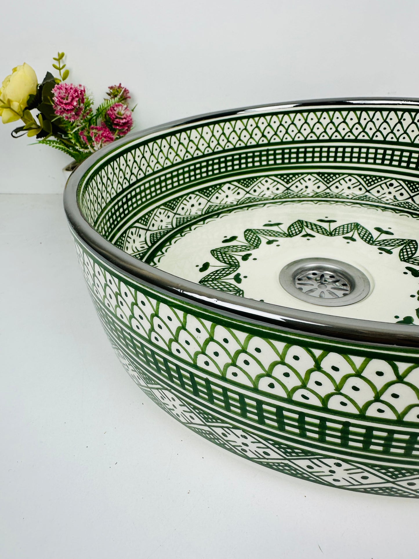 Woodland Elegance: Handcrafted Ceramic Sink with Traditional Forest Green Color and silver platinum