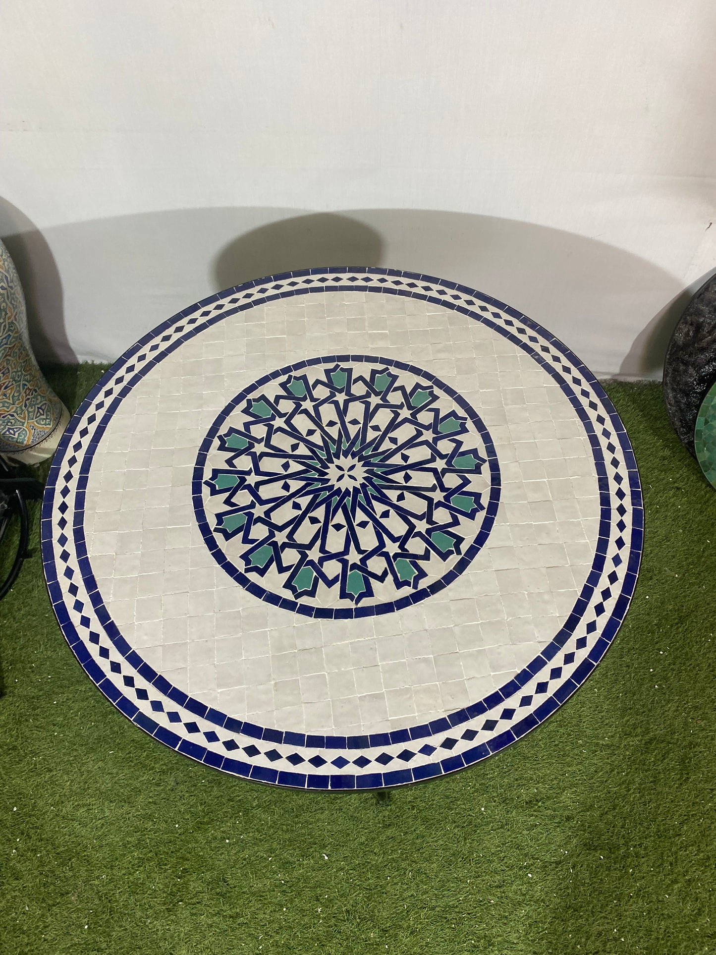 Handmade Moroccan Zellige Mosaic Table – Timeless White & Blue Elegance