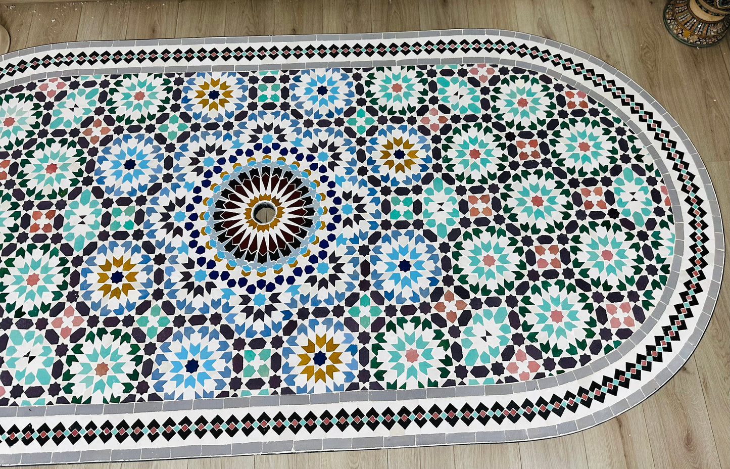 Handmade Moroccan Zellige Mosaic Table with umbrella hole – Classic Elegance & Timeless Craftsmanship