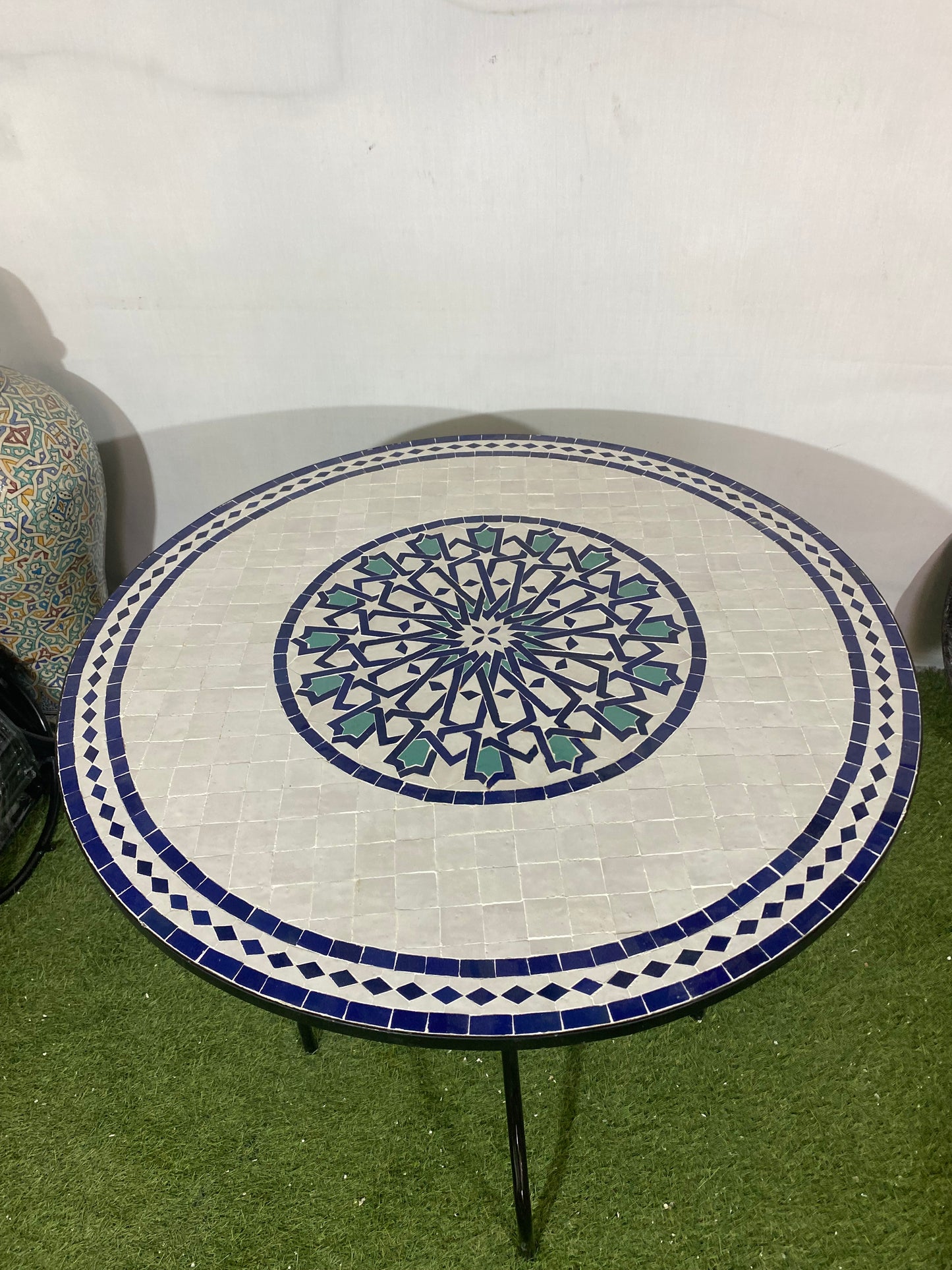 Handmade Moroccan Zellige Mosaic Table – Timeless White & Blue Elegance