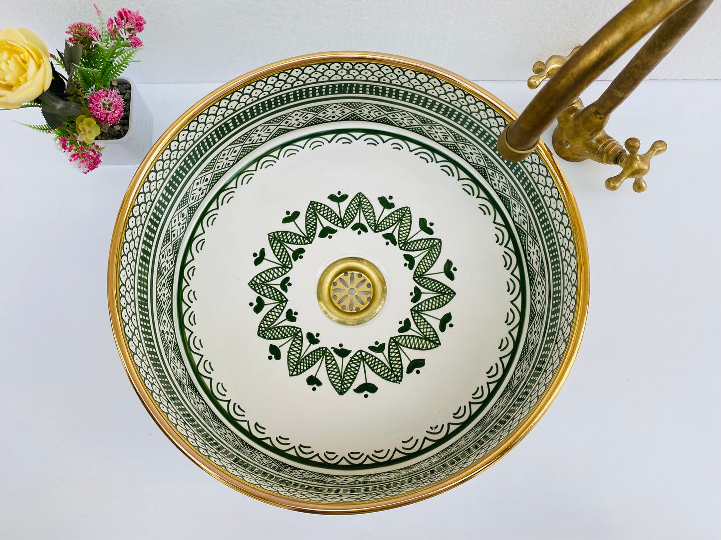Moroccan Artisan Green & Gold Ceramic Sink