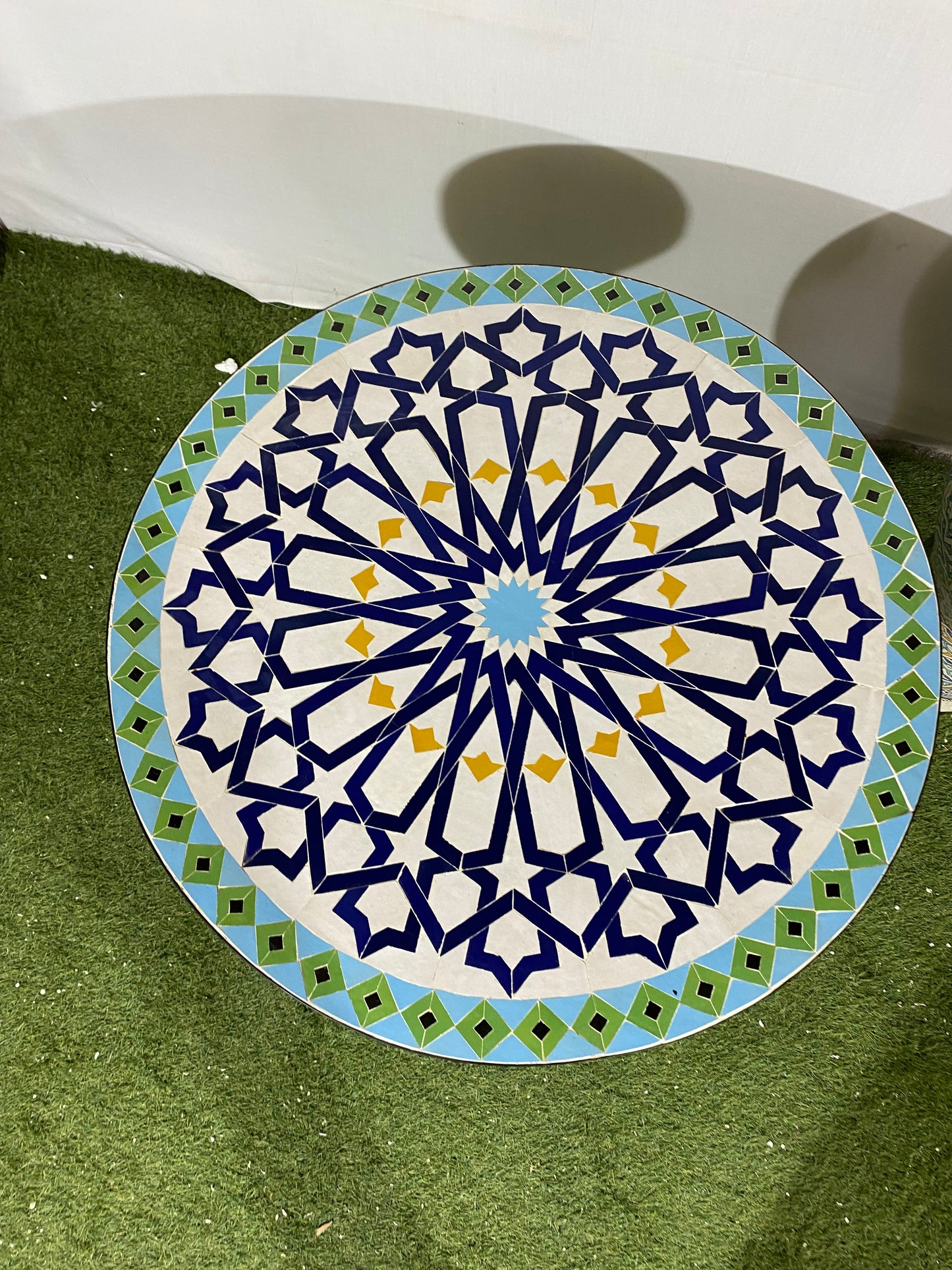 Handmade Moroccan Zellige Mosaic Table – Elegant Blue & Green Starburst Design