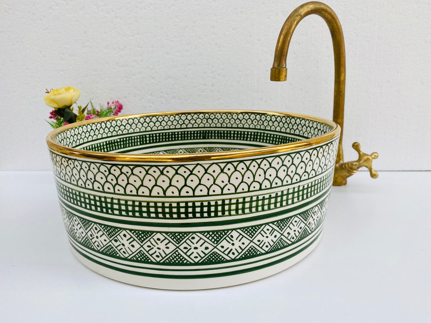Moroccan Artisan Green & Gold Ceramic Sink