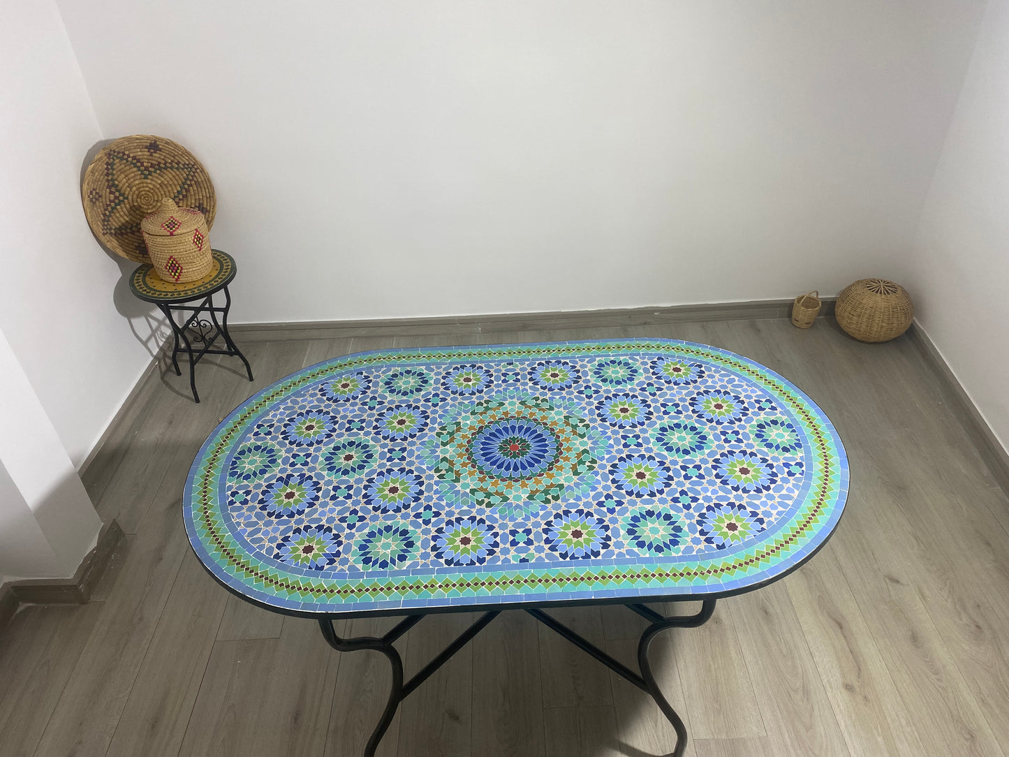 Handmade Moroccan Zellige Mosaic Table – Blue & Green Elegance