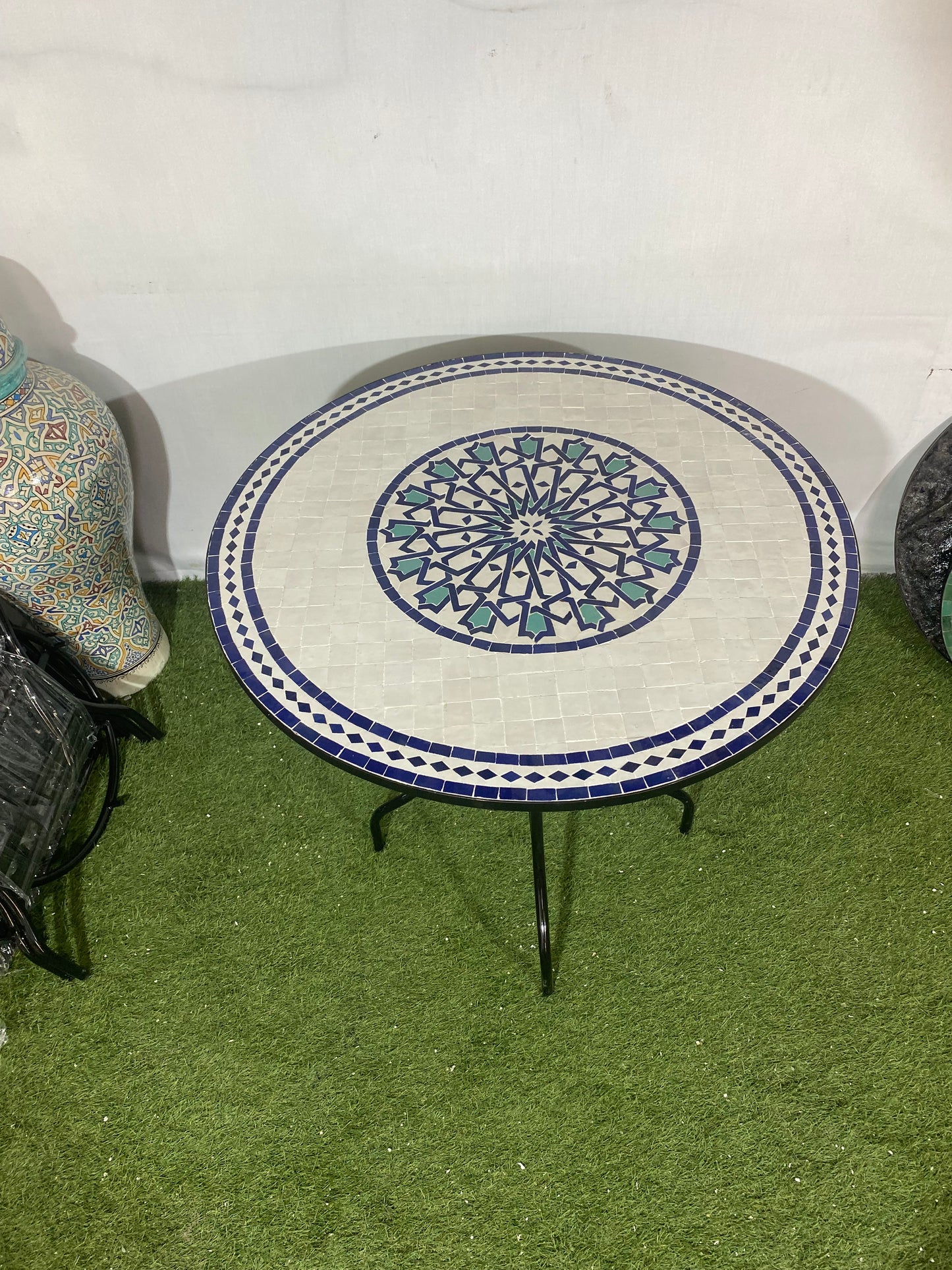 Handmade Moroccan Zellige Mosaic Table – Timeless White & Blue Elegance