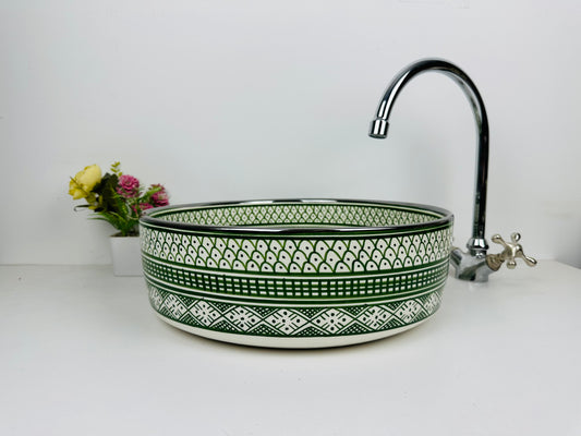 Woodland Elegance: Handcrafted Ceramic Sink with Traditional Forest Green Color and silver platinum