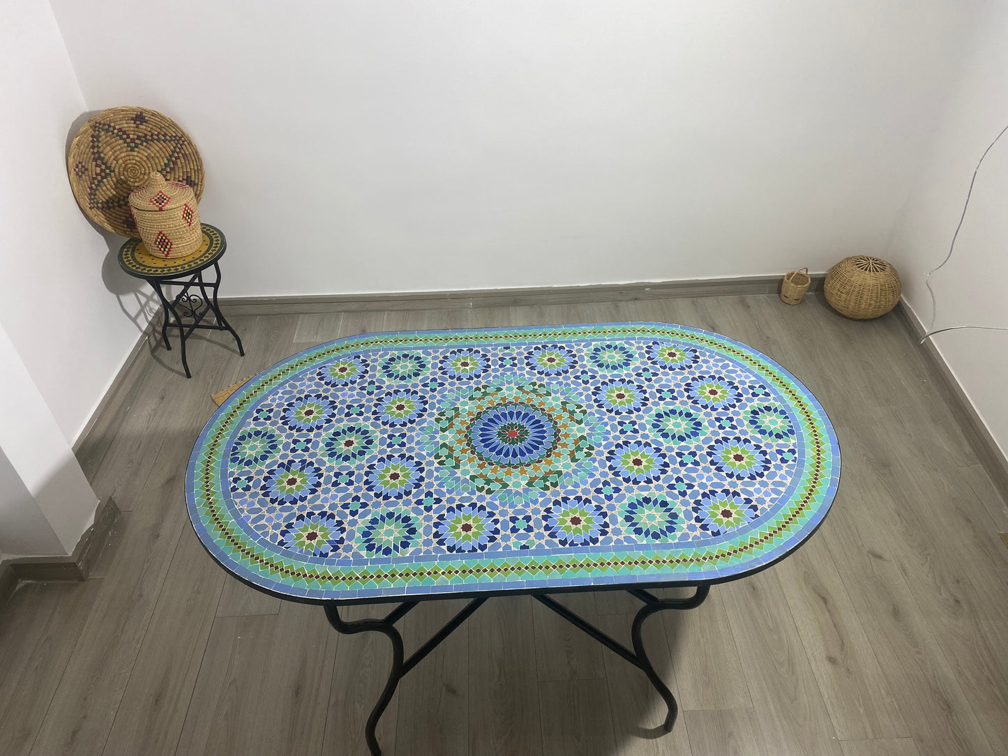 Handmade Moroccan Zellige Mosaic Table – Blue & Green Elegance