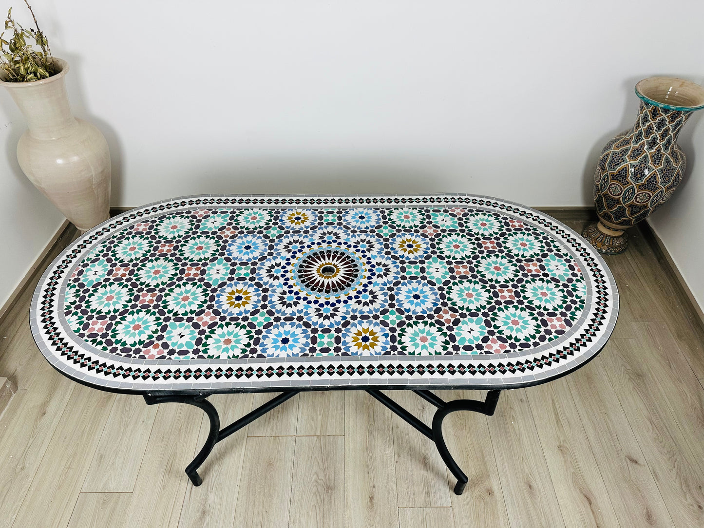 Handmade Moroccan Zellige Mosaic Table with umbrella hole – Classic Elegance & Timeless Craftsmanship