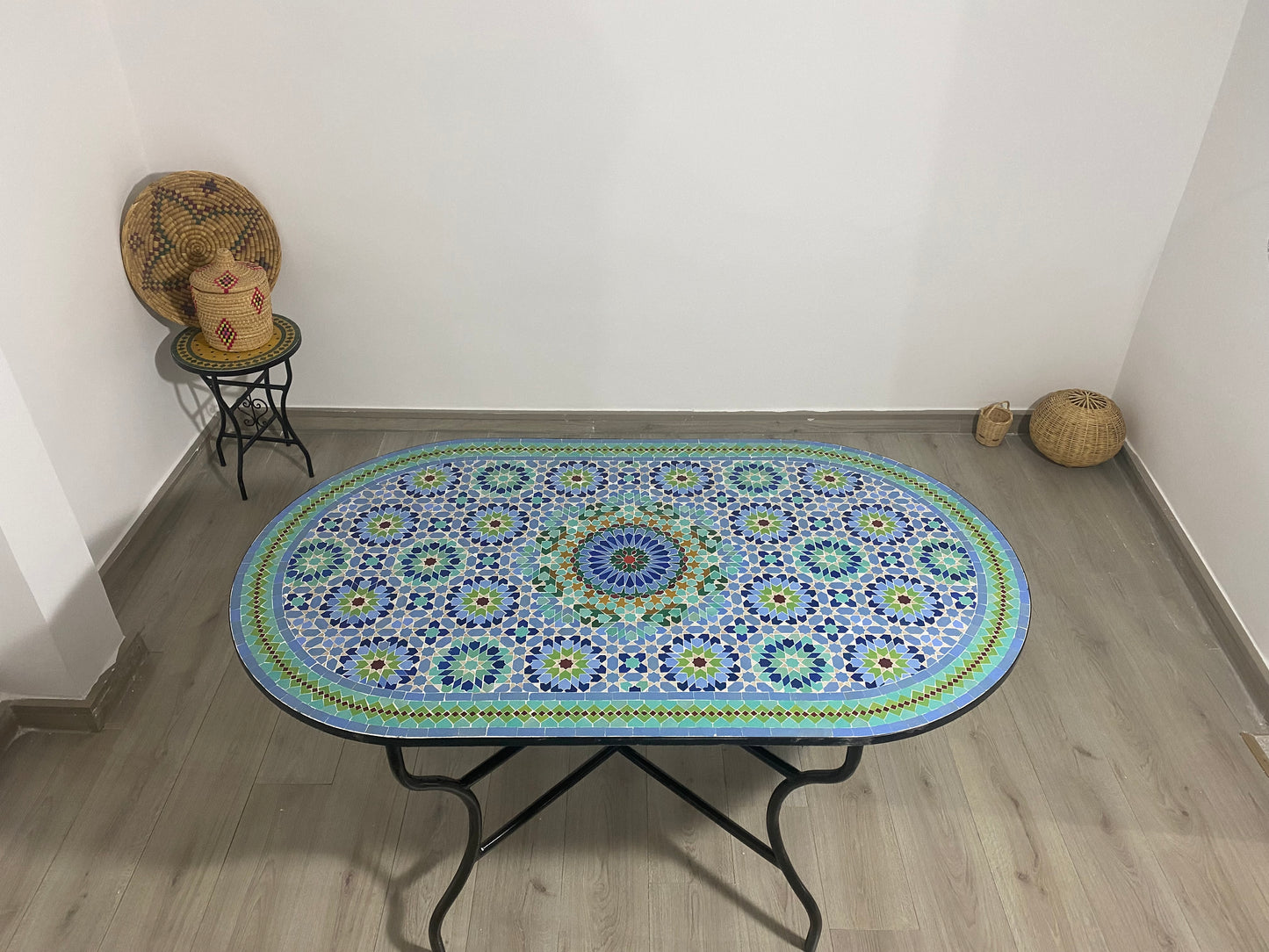 Handmade Moroccan Zellige Mosaic Table – Blue & Green Elegance